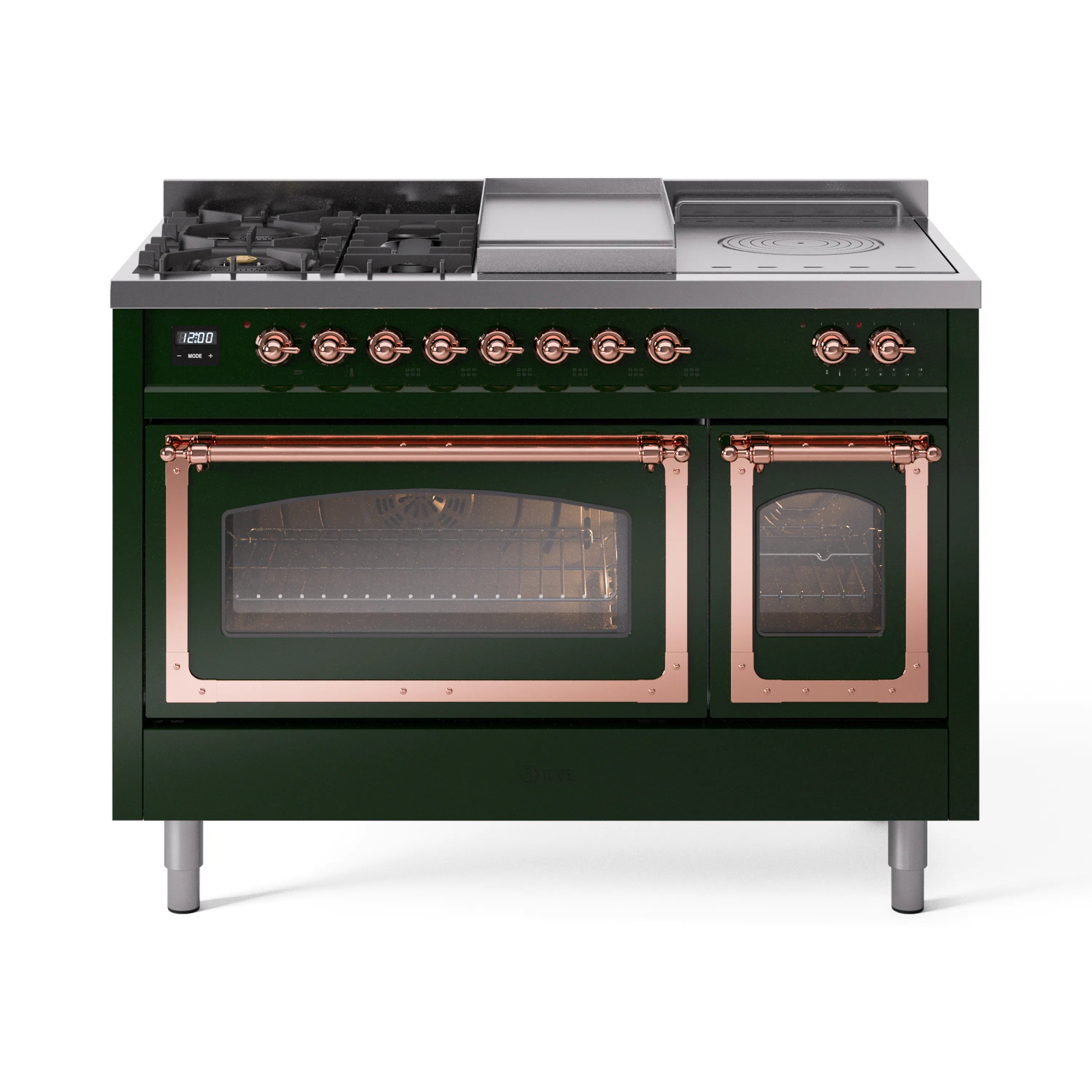 Emerald green dual fuel range with copper-trimmed control panel and two oven doors