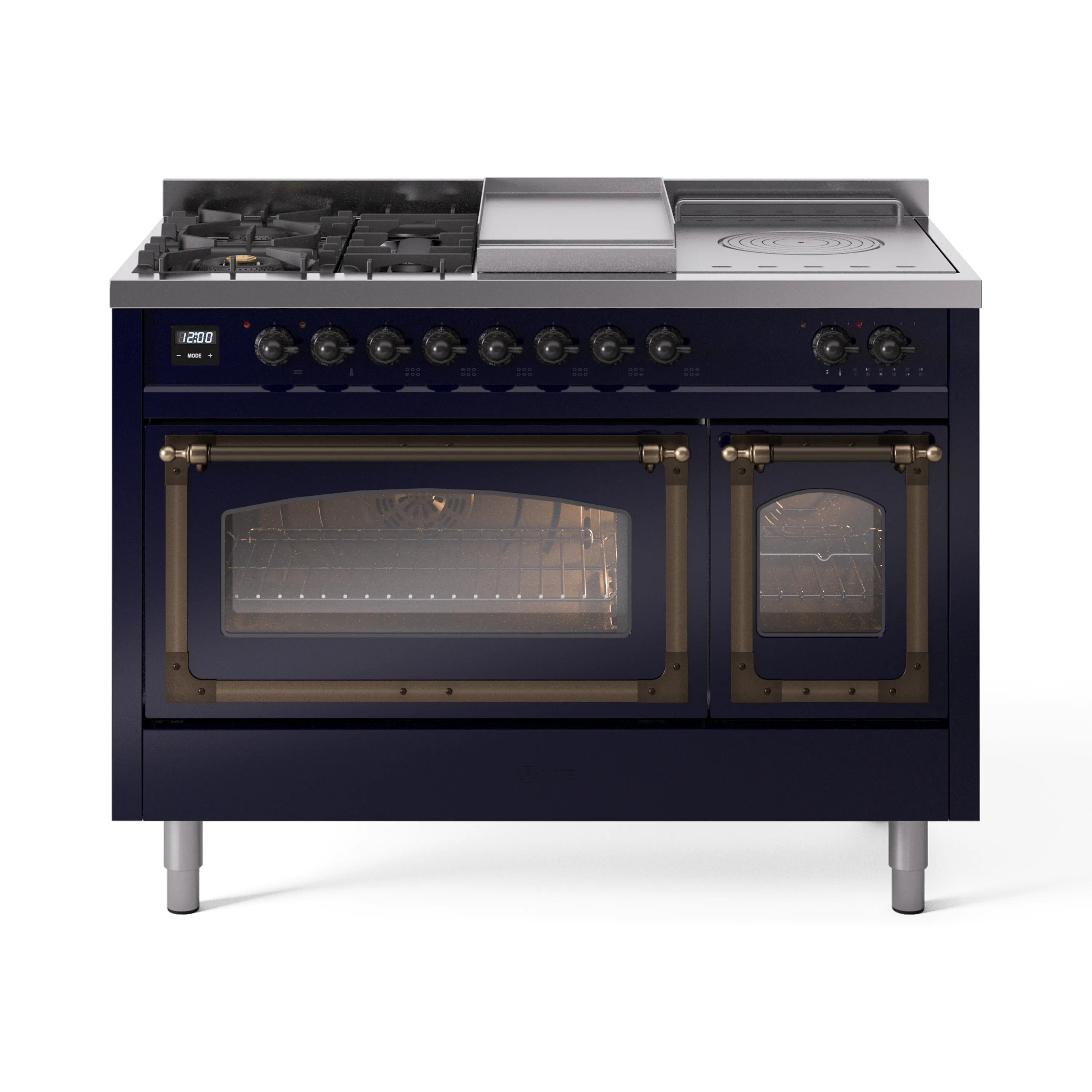 Midnight blue dual fuel range with dual oven doors, knob control panel and griddle-style top