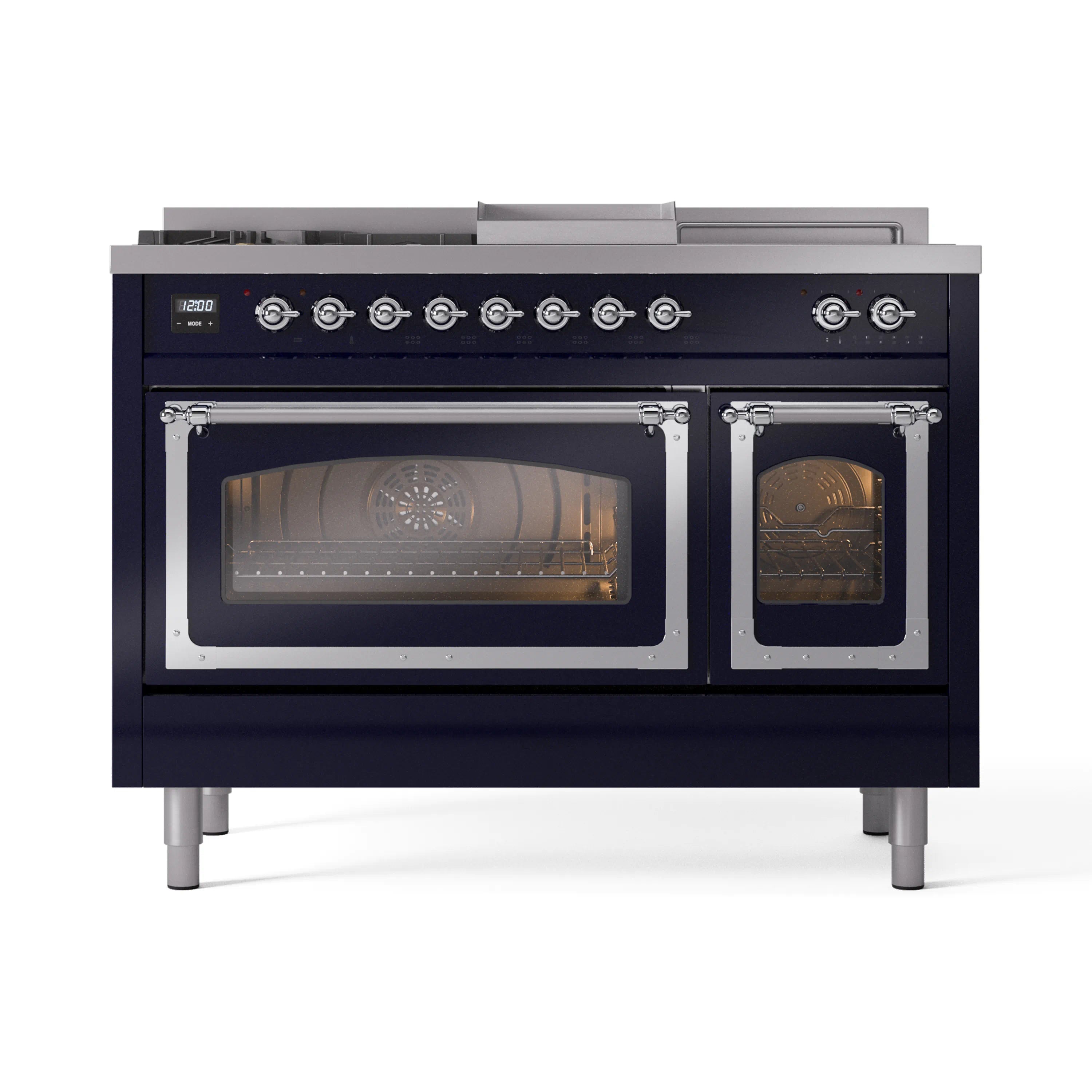 Midnight blue gas dual fuel range with chrome trim, open ovens, and control panel