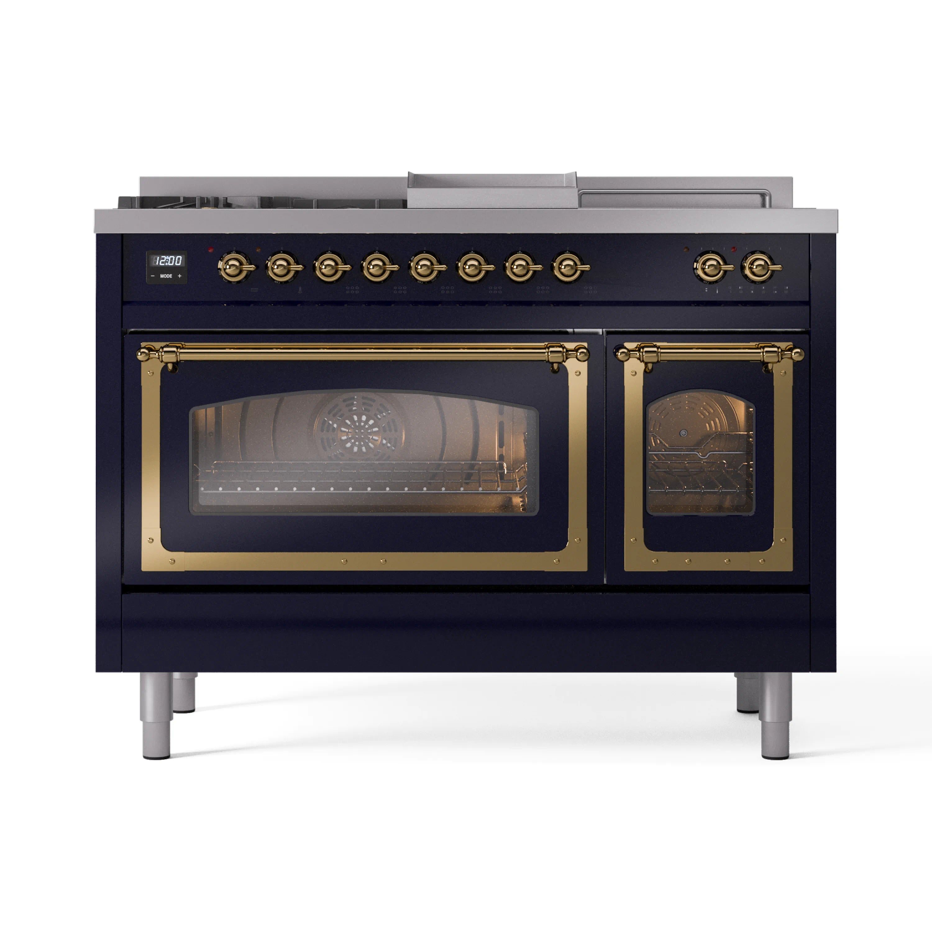Midnight blue gas range front with brass trim, double oven windows, and control knobs