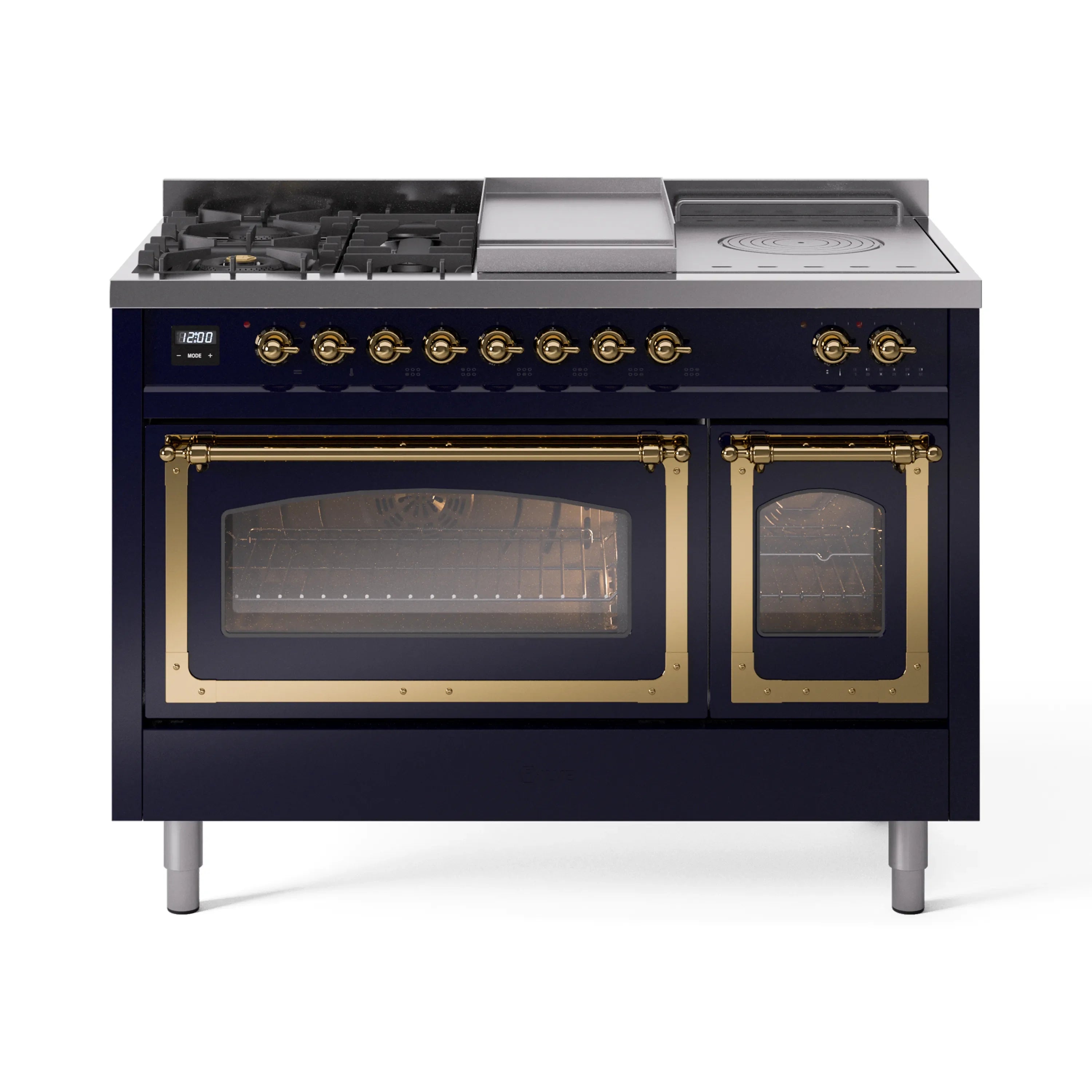 Midnight blue gas range with brass-trimmed double oven doors and stovetop knobs