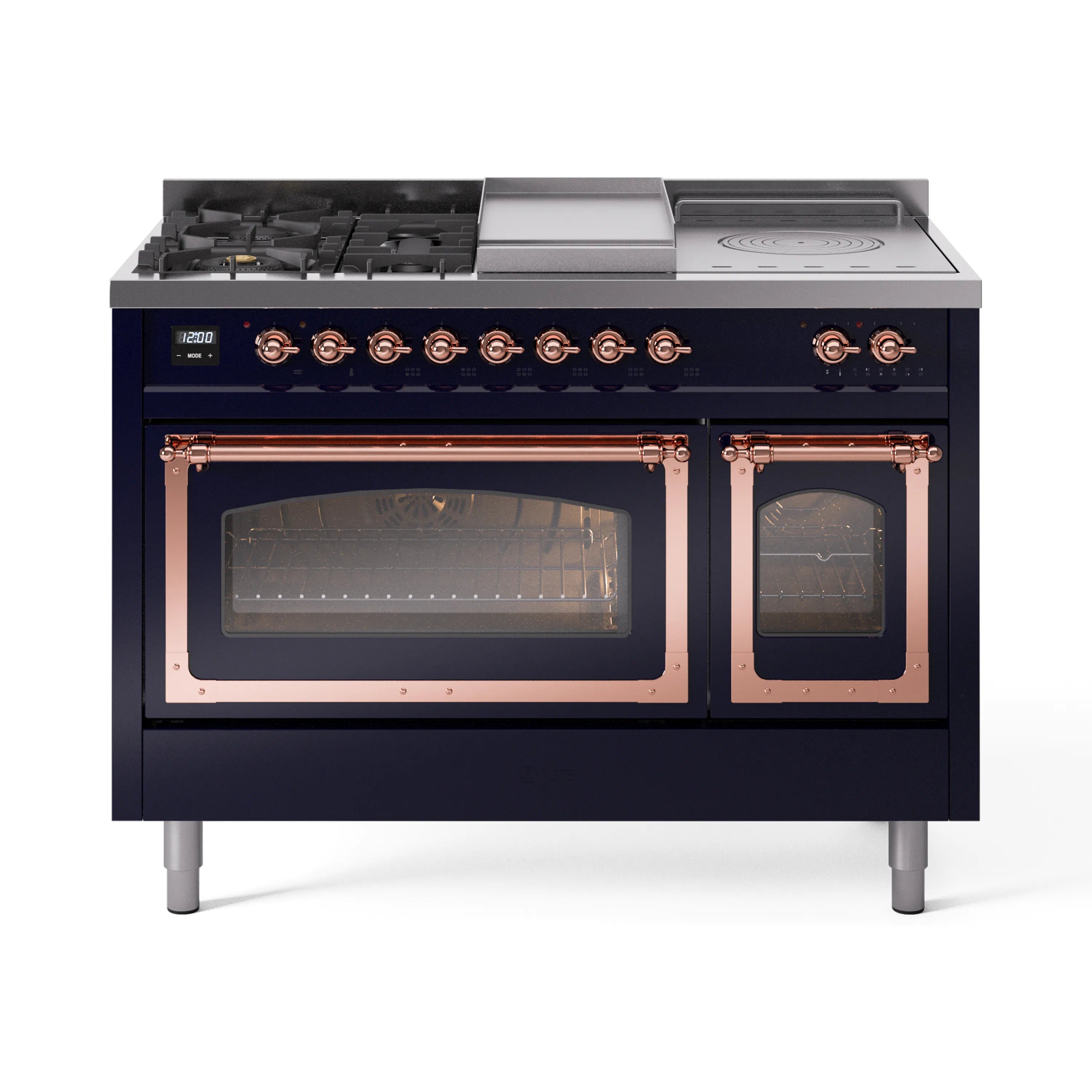 Freestanding gas range in midnight blue with copper trim, dual ovens and control knobs