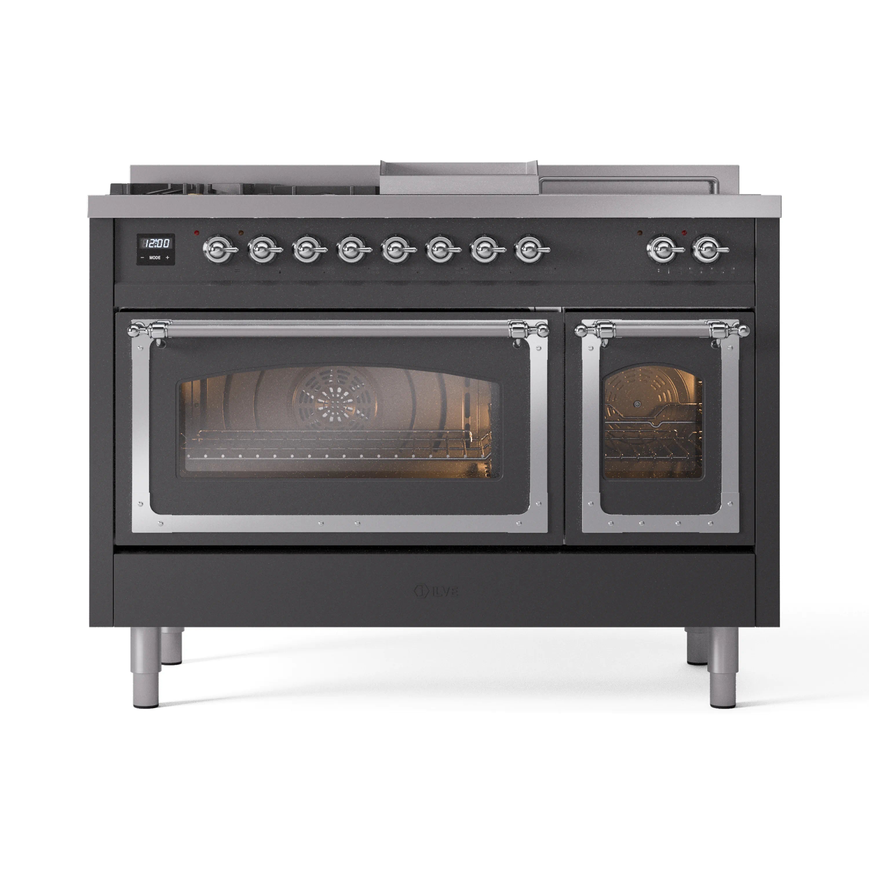 Matte graphite dual fuel range front view with control knobs and two oven doors