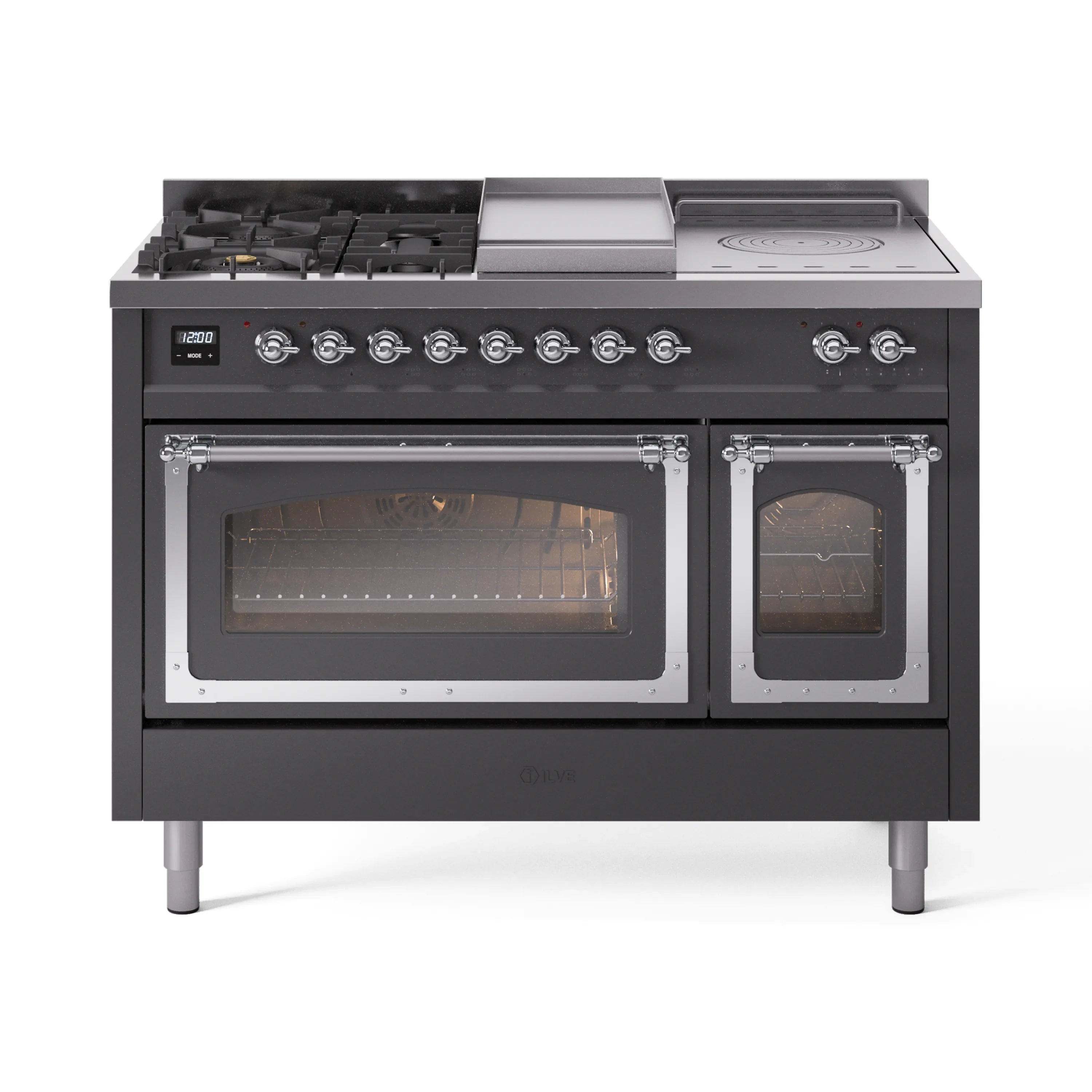 Matte graphite dual fuel range with chrome trim, griddle cover, and two glass oven doors
