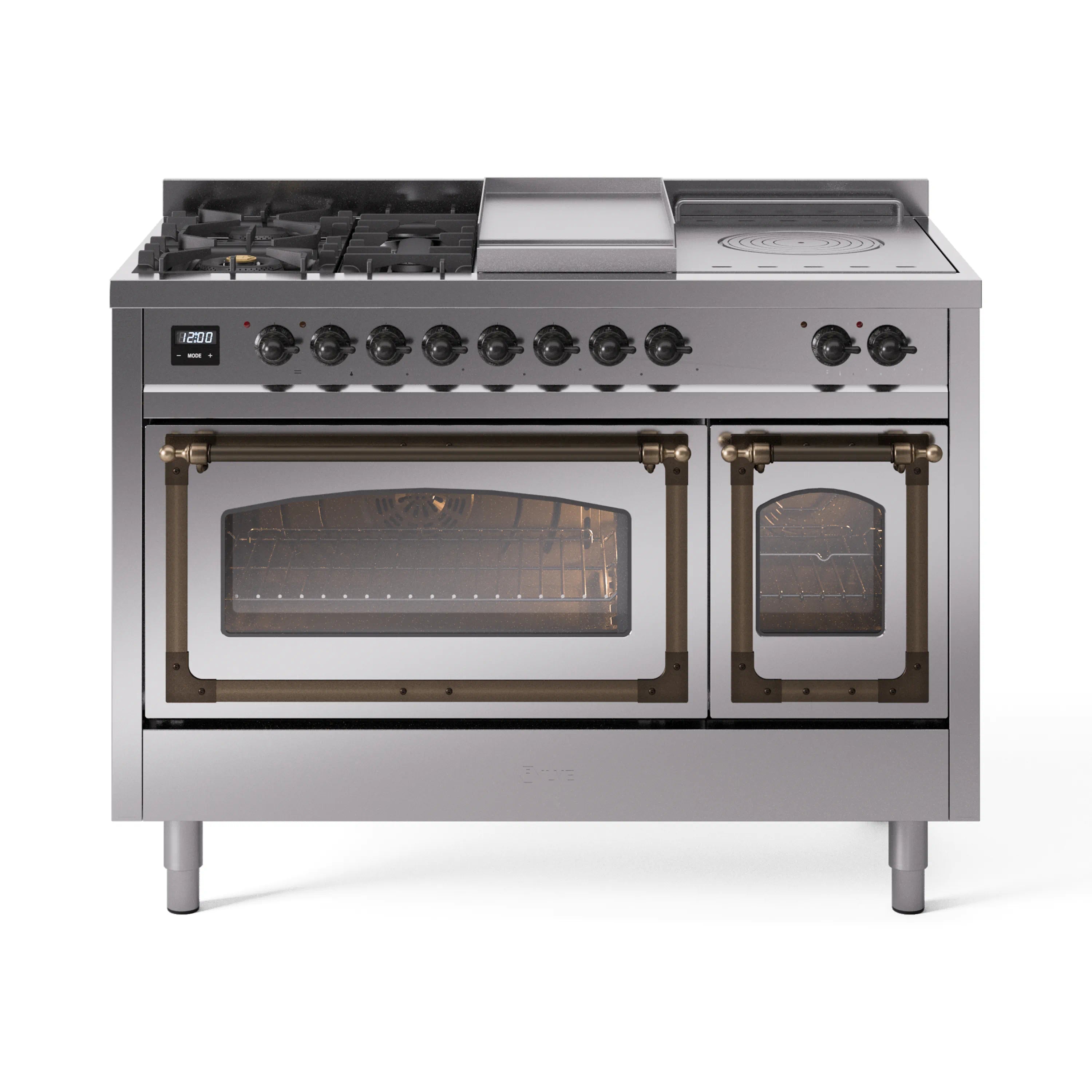 Stainless steel dual-fuel range with front knobs and dual oven doors, French top