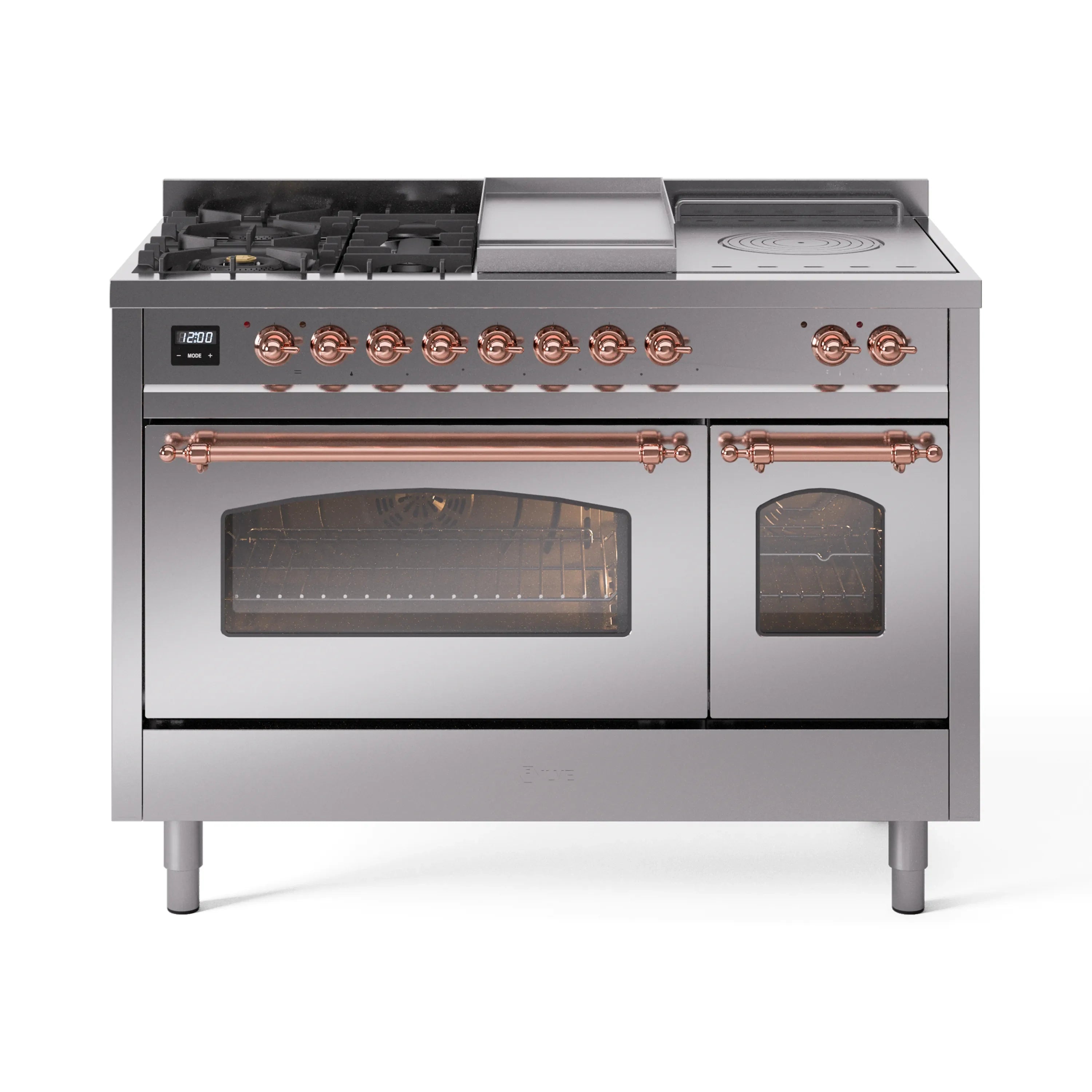 Stainless steel dual-fuel range with copper-trim controls, oven windows, and dual oven doors