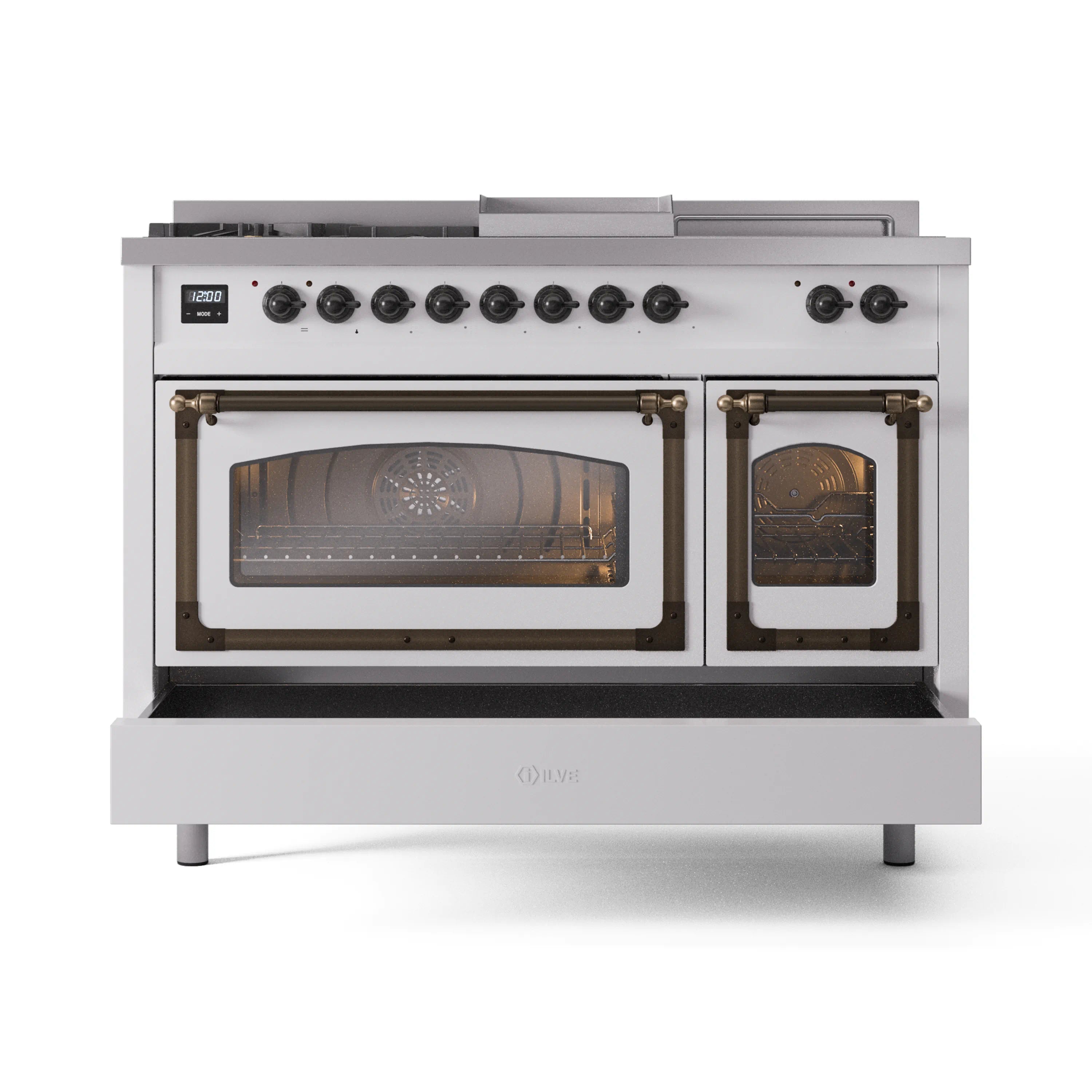 White dual fuel range with bronze-trimmed glass oven doors open, black burner knobs