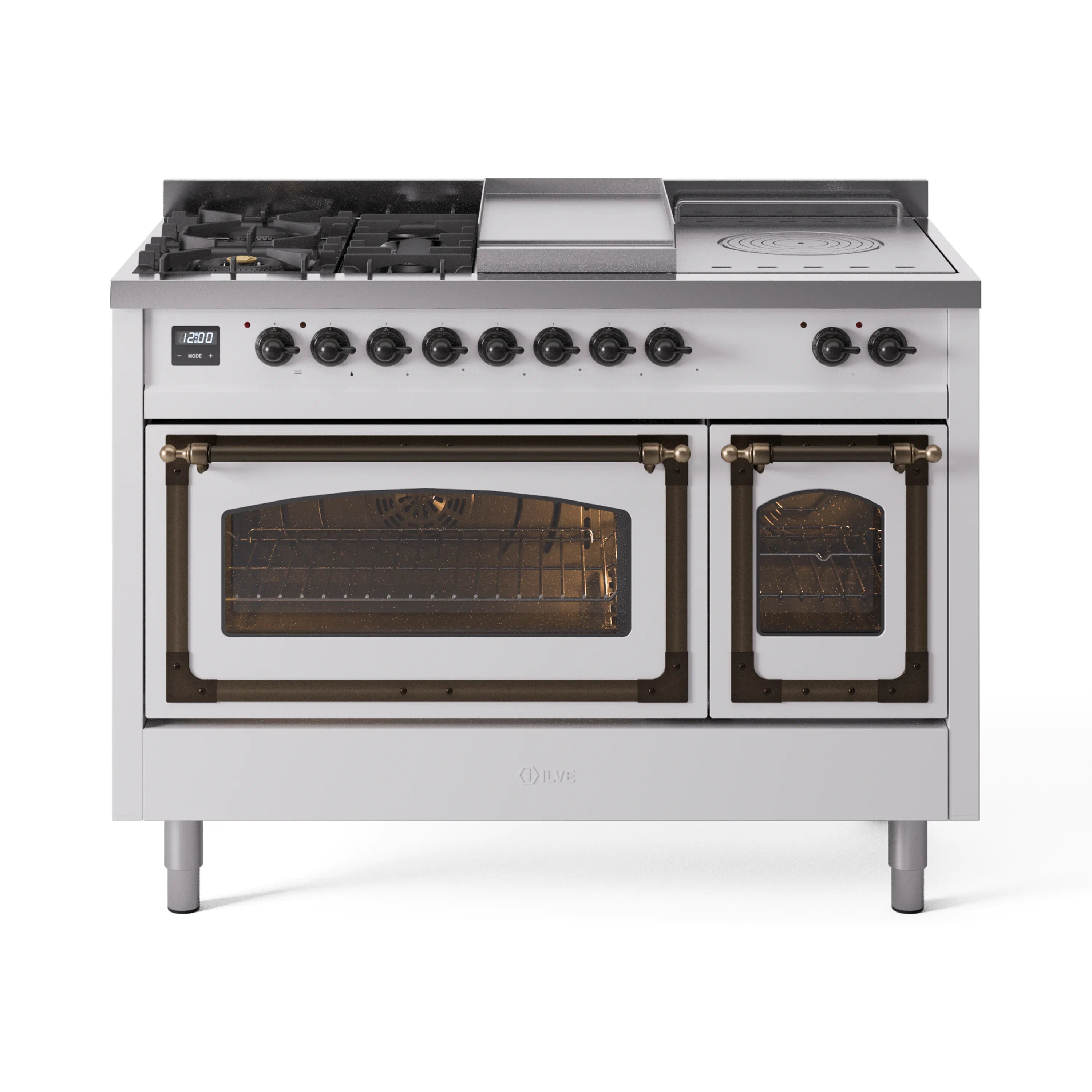 White dual fuel range with bronze trim, black knobs, two oven doors, sealed burners