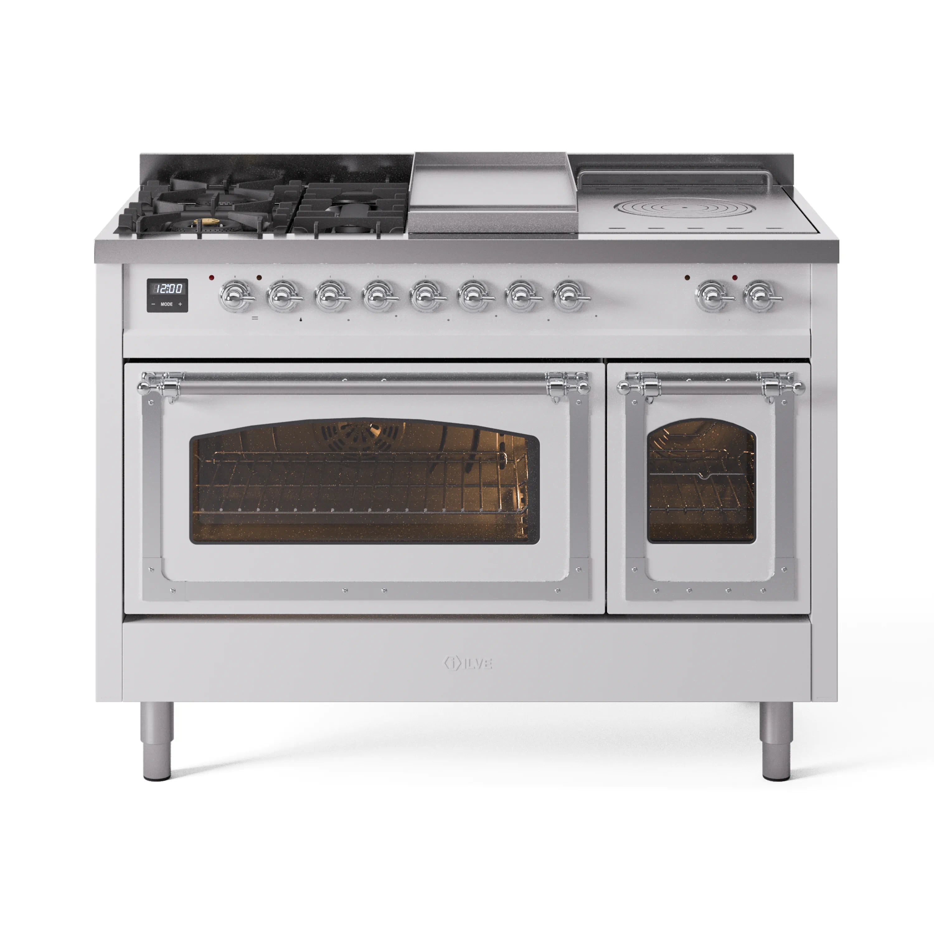 White dual fuel range with chrome knobs and two ovens, shown front view with burners
