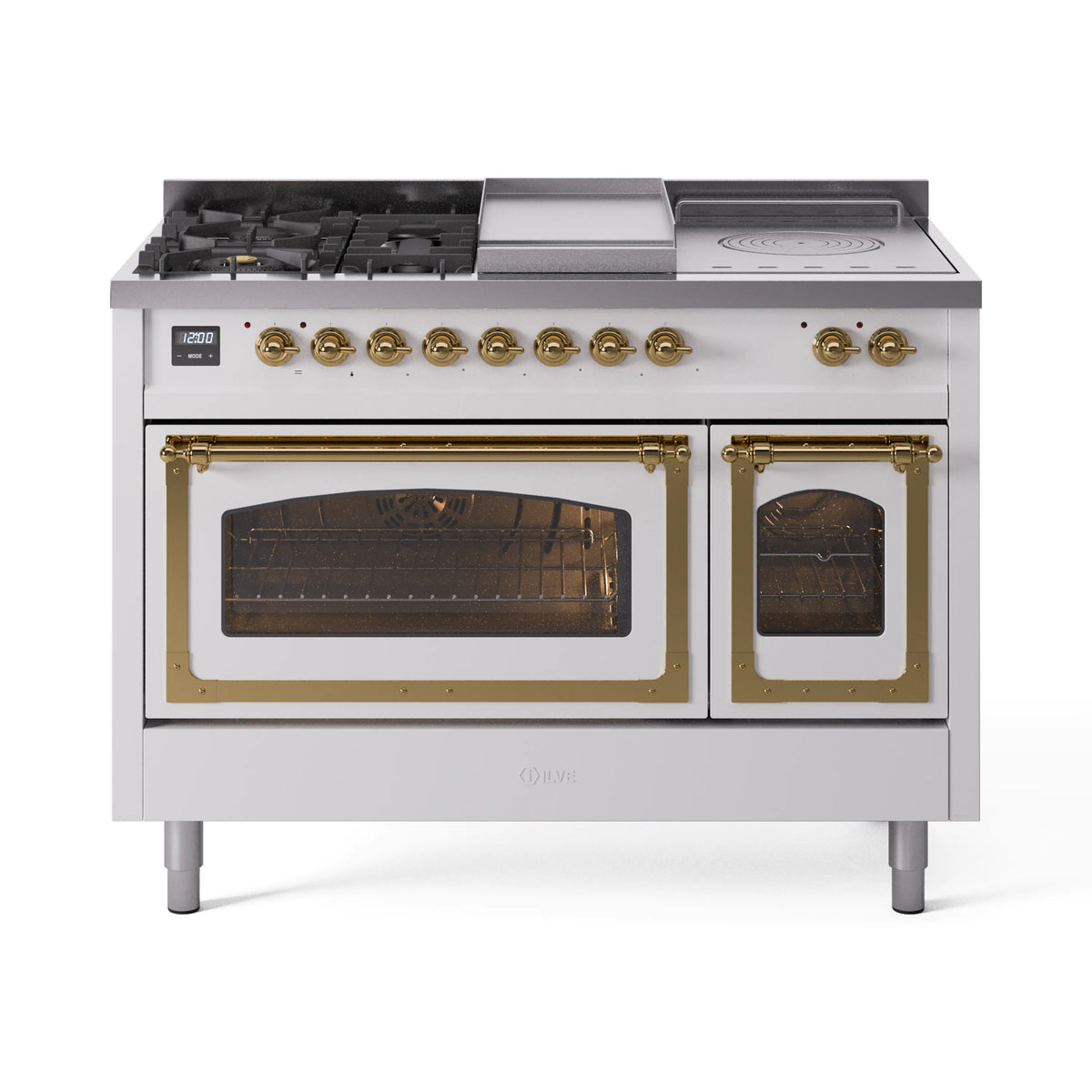 White ILVE dual fuel range with brass control knobs, griddle top, and two oven doors