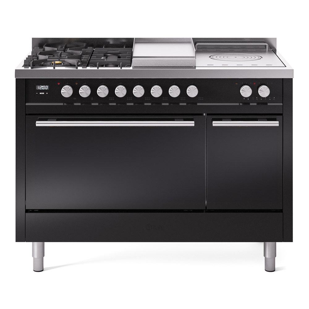 Glossy black dual fuel gas range with control knobs, burners, griddle, and oven doors