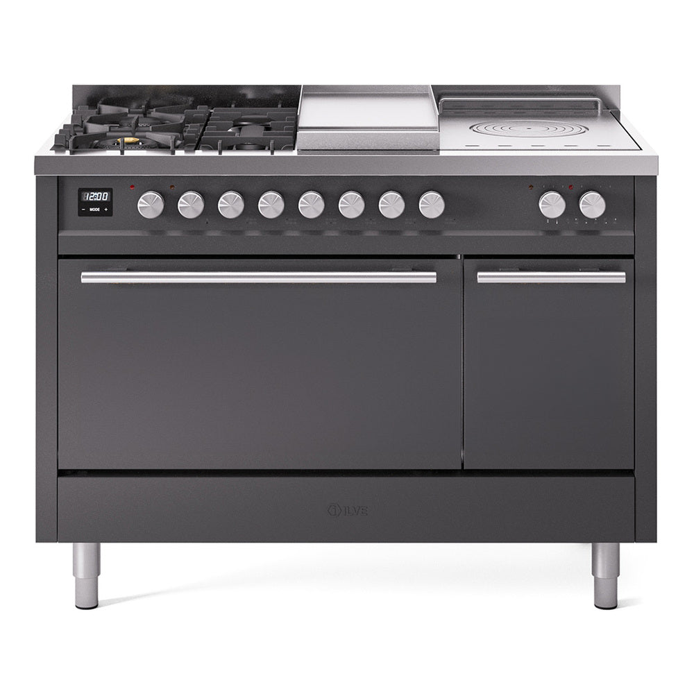 Matte graphite dual fuel range with 5 burners, griddle, and French top, dual doors