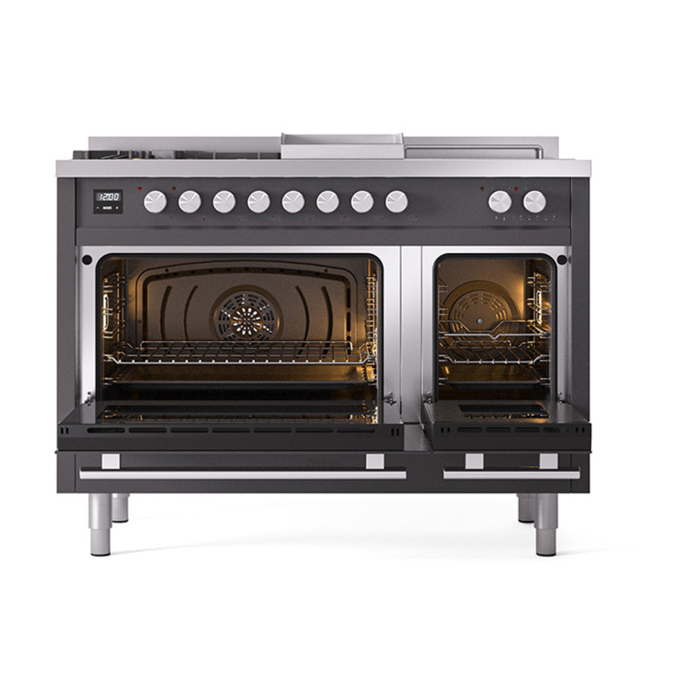 Matte graphite dual fuel gas range with open ovens and control knobs