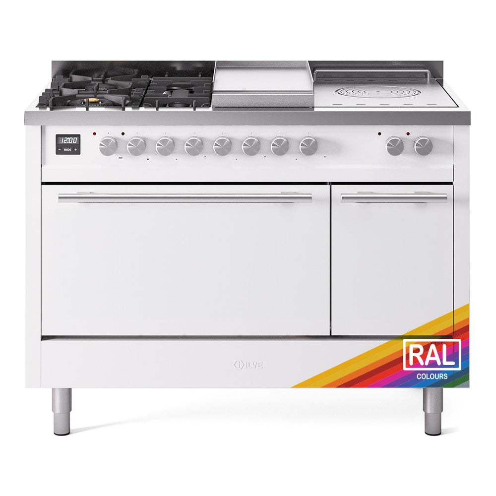 Stainless steel dual fuel range with 5 burners, griddle, and control knobs