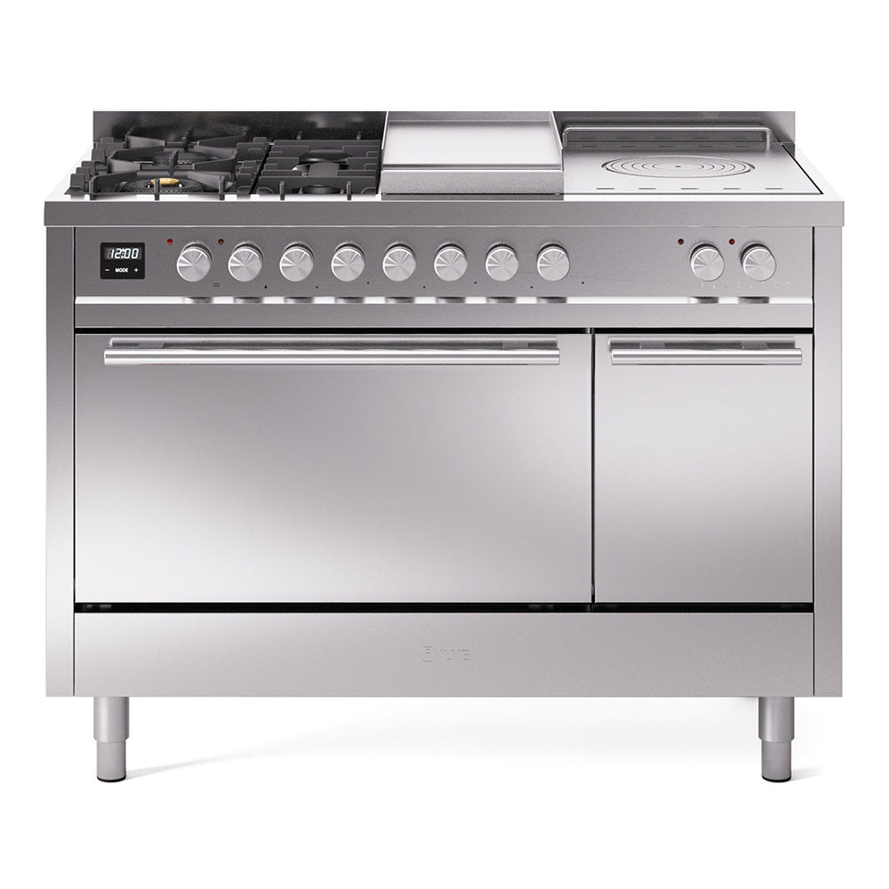 Stainless steel dual fuel range with burner controls, griddle, and two oven doors