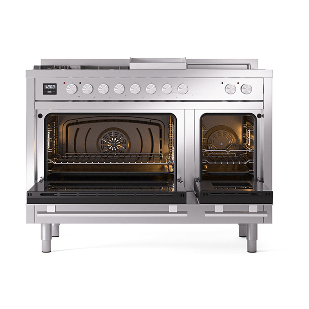 Dual fuel range with both oven doors open, showing interior racks and burners