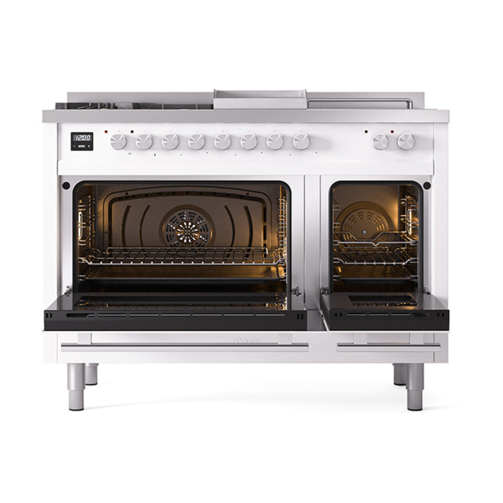 White dual fuel range with two open ovens and interior racks; front controls visible