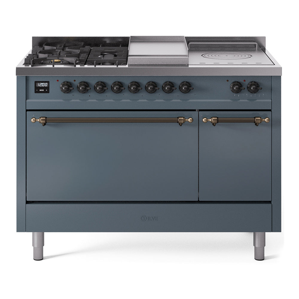 Blue-gray dual fuel range front with burners, griddle, knobs, and bronze handle trim