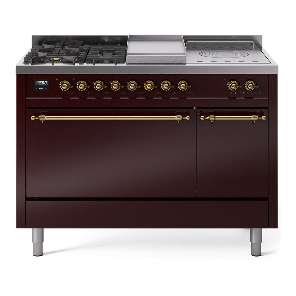 Burgundy dual fuel range with brass knobs, 5 burners, griddle and French top
