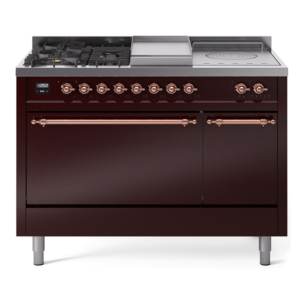 Dual fuel range in burgundy with copper trim, burner knobs and griddle cover