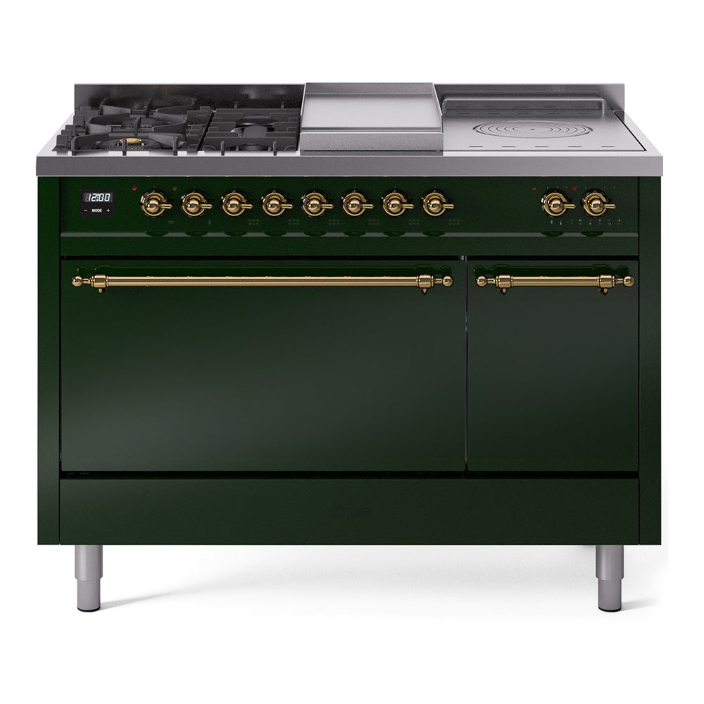 Emerald green dual fuel range with brass knobs, griddle, French top, solid door oven