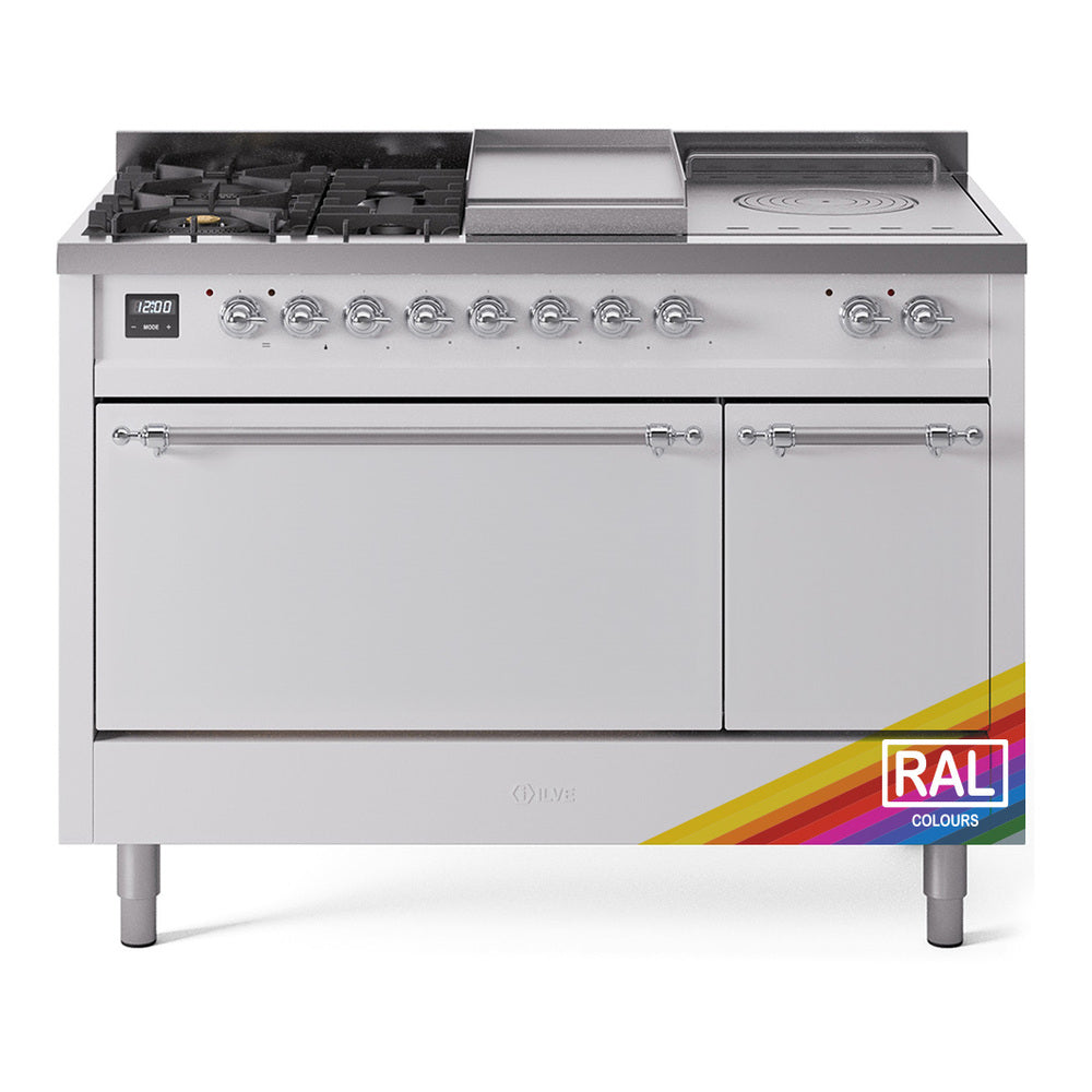 White dual-fuel range with 5 burners, griddle, and French top, solid door oven