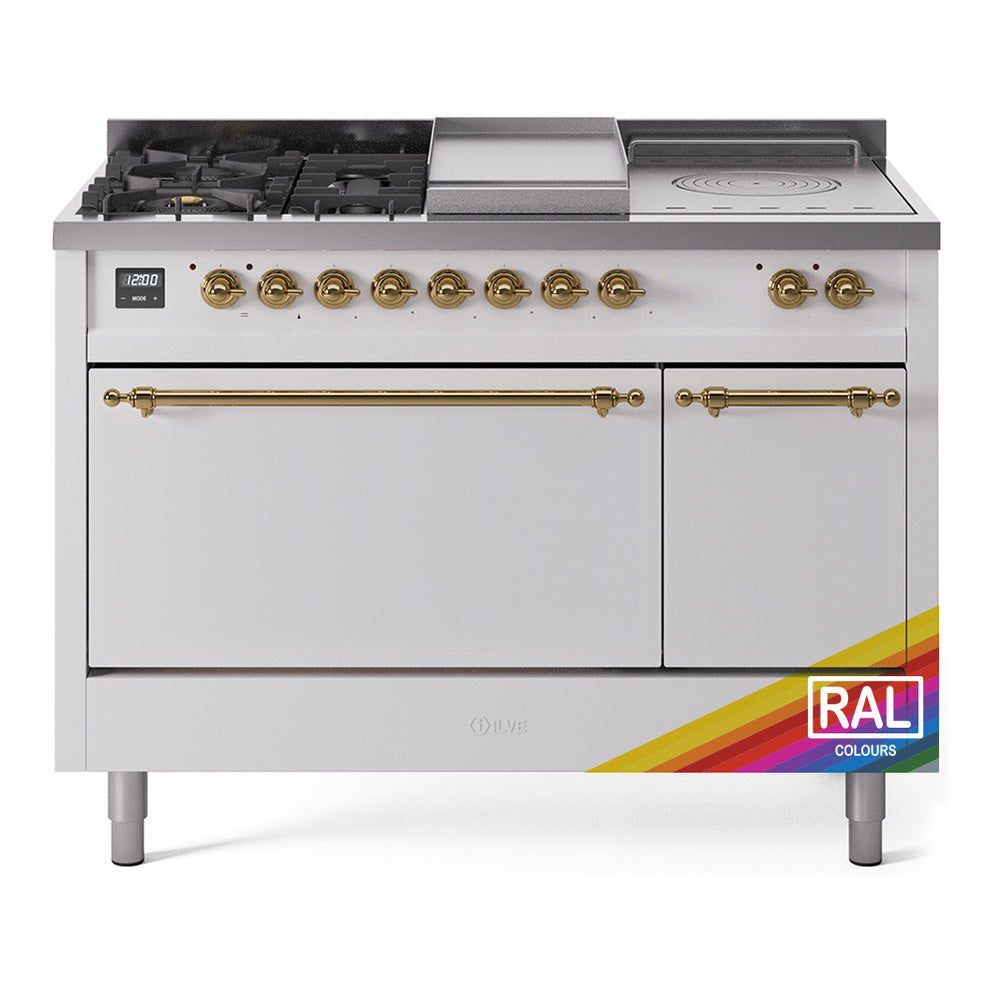 Dual fuel range with brass knobs, griddle section, French top, and solid door oven, white