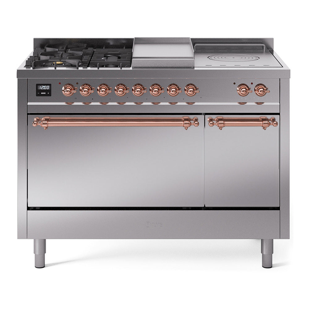 Stainless dual-fuel range with 5 burners, griddle, French top, and control knobs