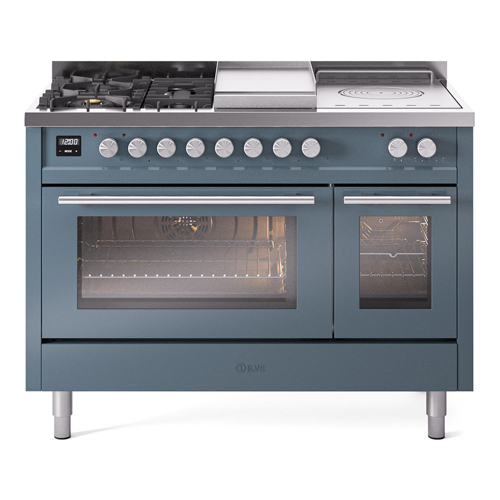 Blue-grey dual fuel range with burner grates, griddle, and double oven doors with windows