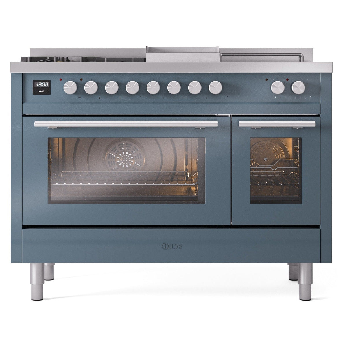 Blue grey dual fuel range view with control knobs, two ovens, and open oven doors