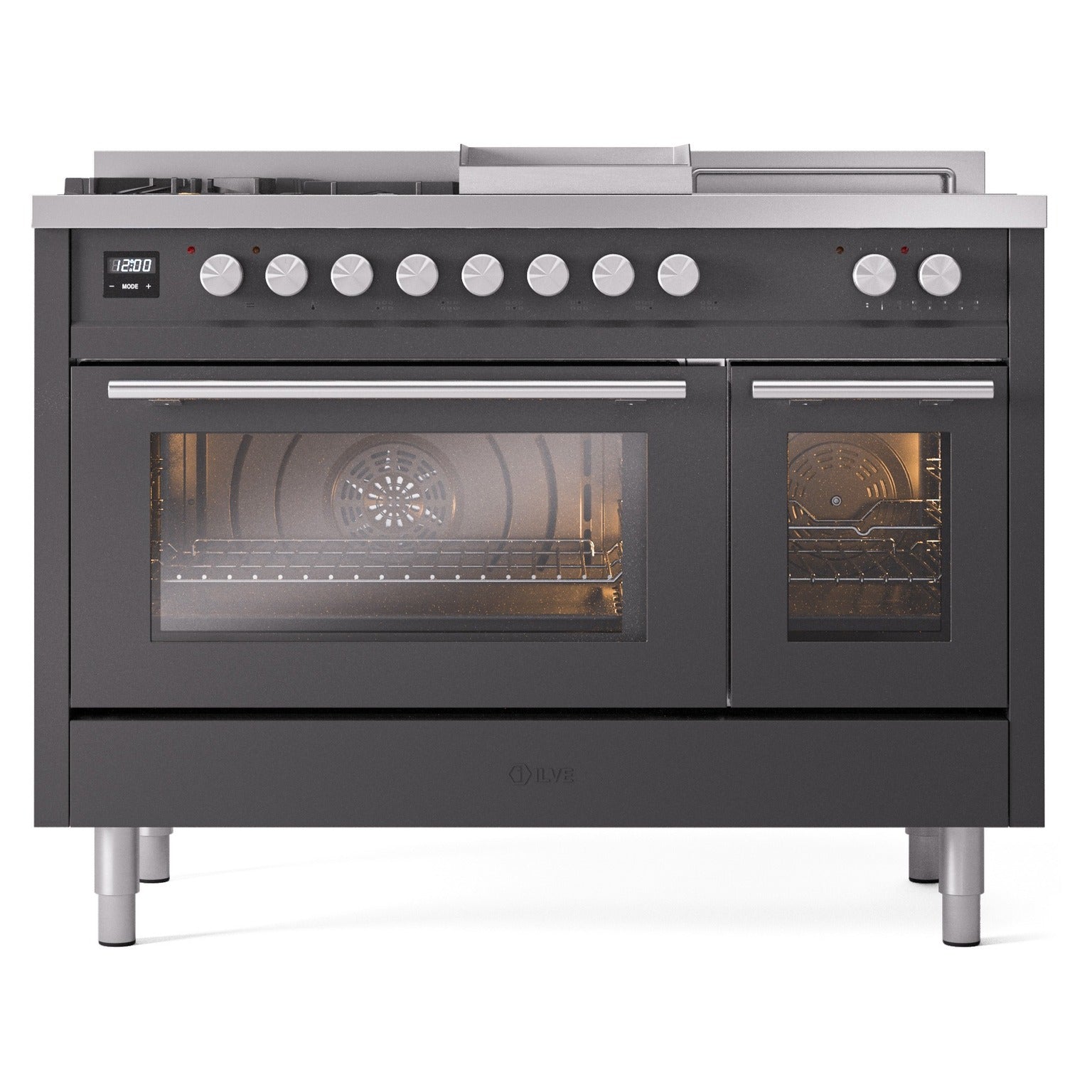 Matte graphite dual-fuel range with two glass oven doors and front control panel