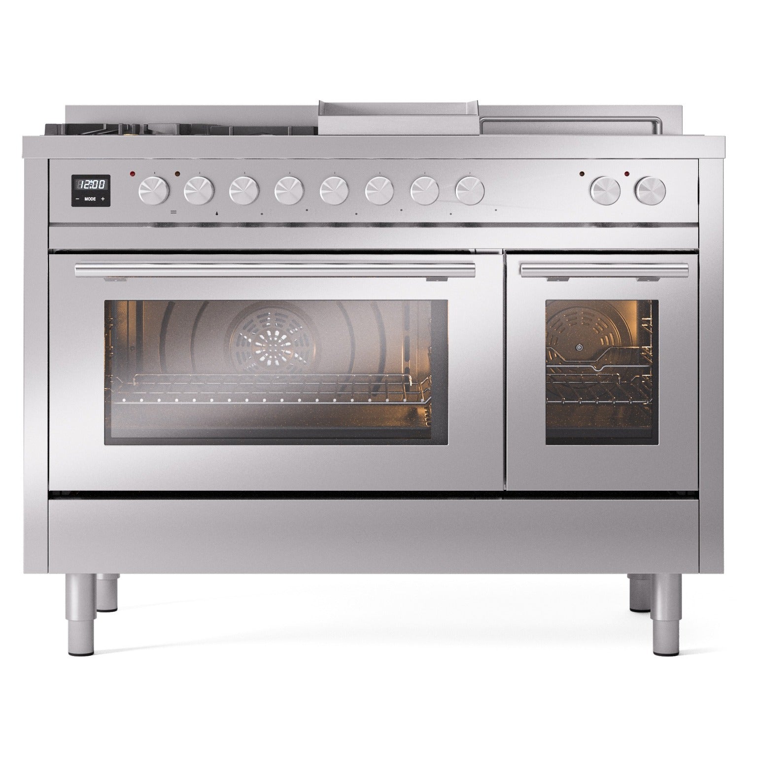 Stainless steel dual fuel range with five burners, griddle, and triple glass oven doors