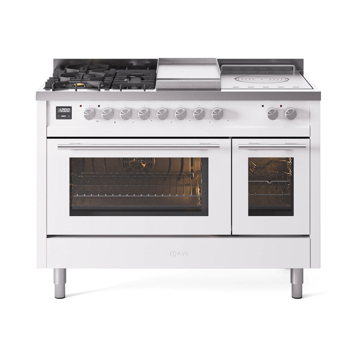 White dual fuel range with 5 burners, griddle, and French top; two ovens with glass doors
