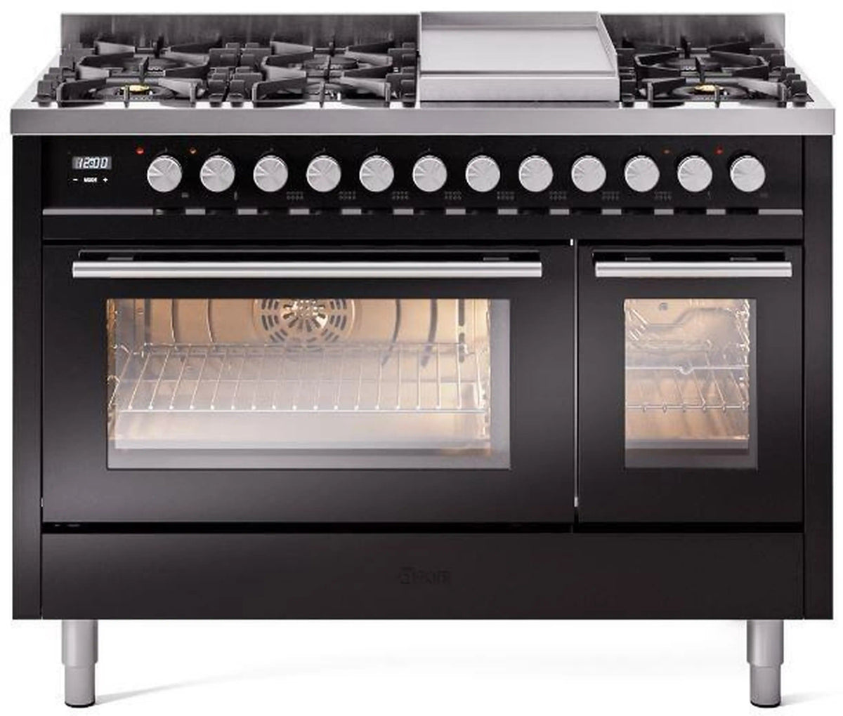 Glossy black dual fuel freestanding range with two ovens and stainless control panel.
