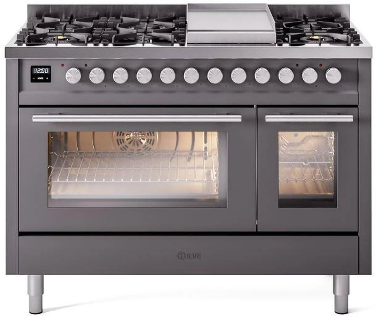 Matte graphite freestanding dual fuel range with dual ovens and front control knobs