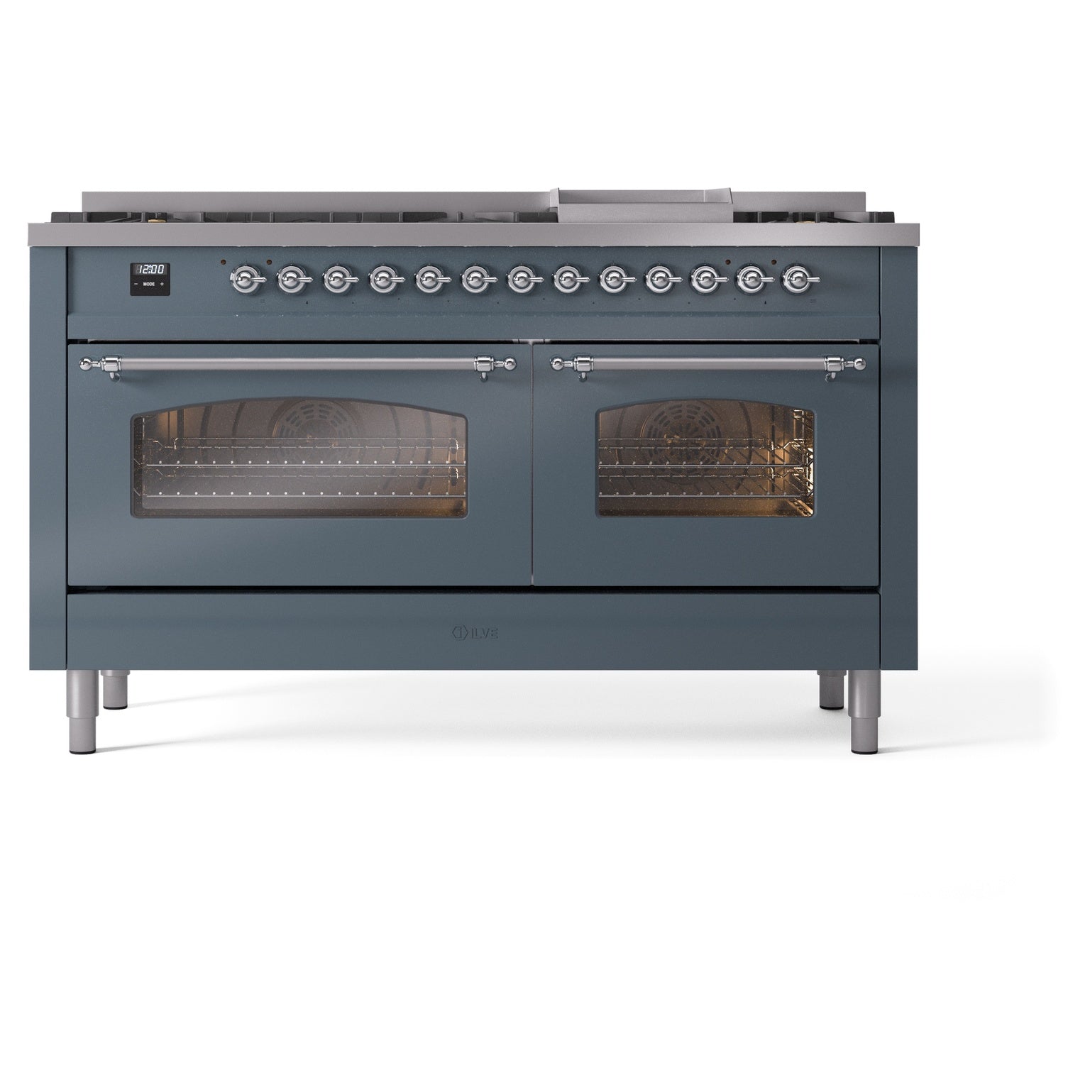 Freestanding dual fuel range in blue gray with chrome trim, two oven doors and top control panel