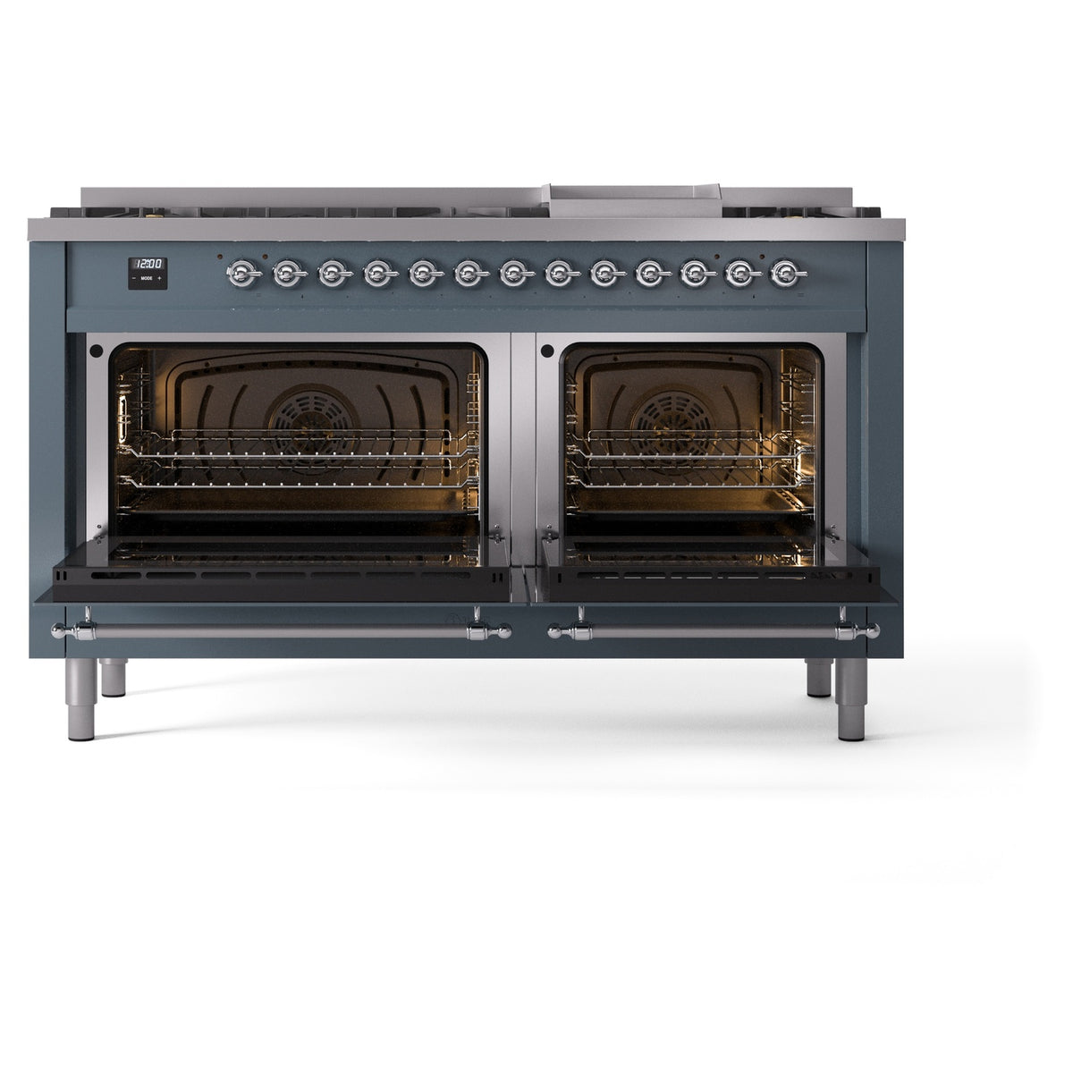 Freestanding dual fuel range with both oven doors open, two oven interiors with racks