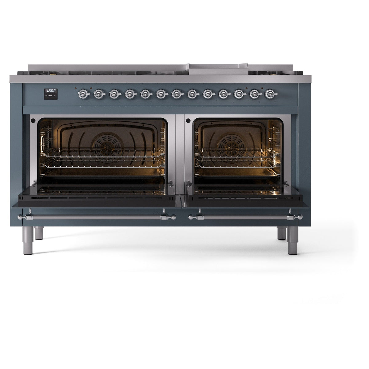 Blue grey range showing two open oven cavities with lit heating elements