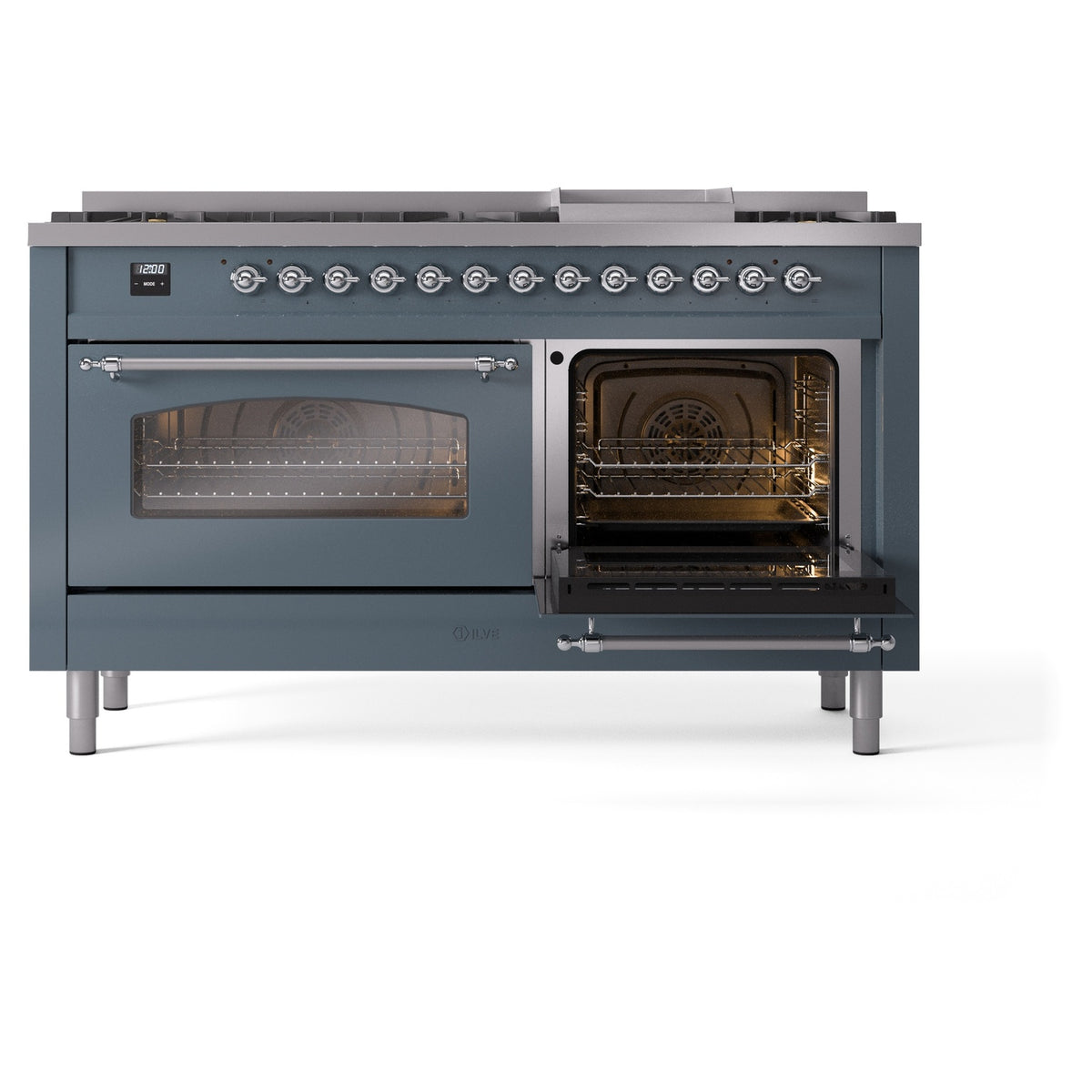 Freestanding dual fuel range with left oven door closed and right oven door open