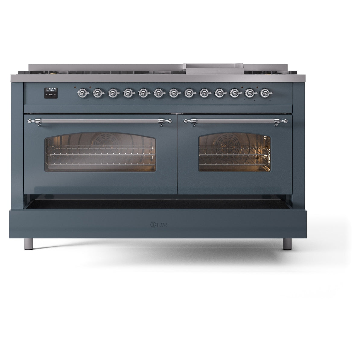 Freestanding dual fuel range, blue gray front with chrome handles and two glass oven doors