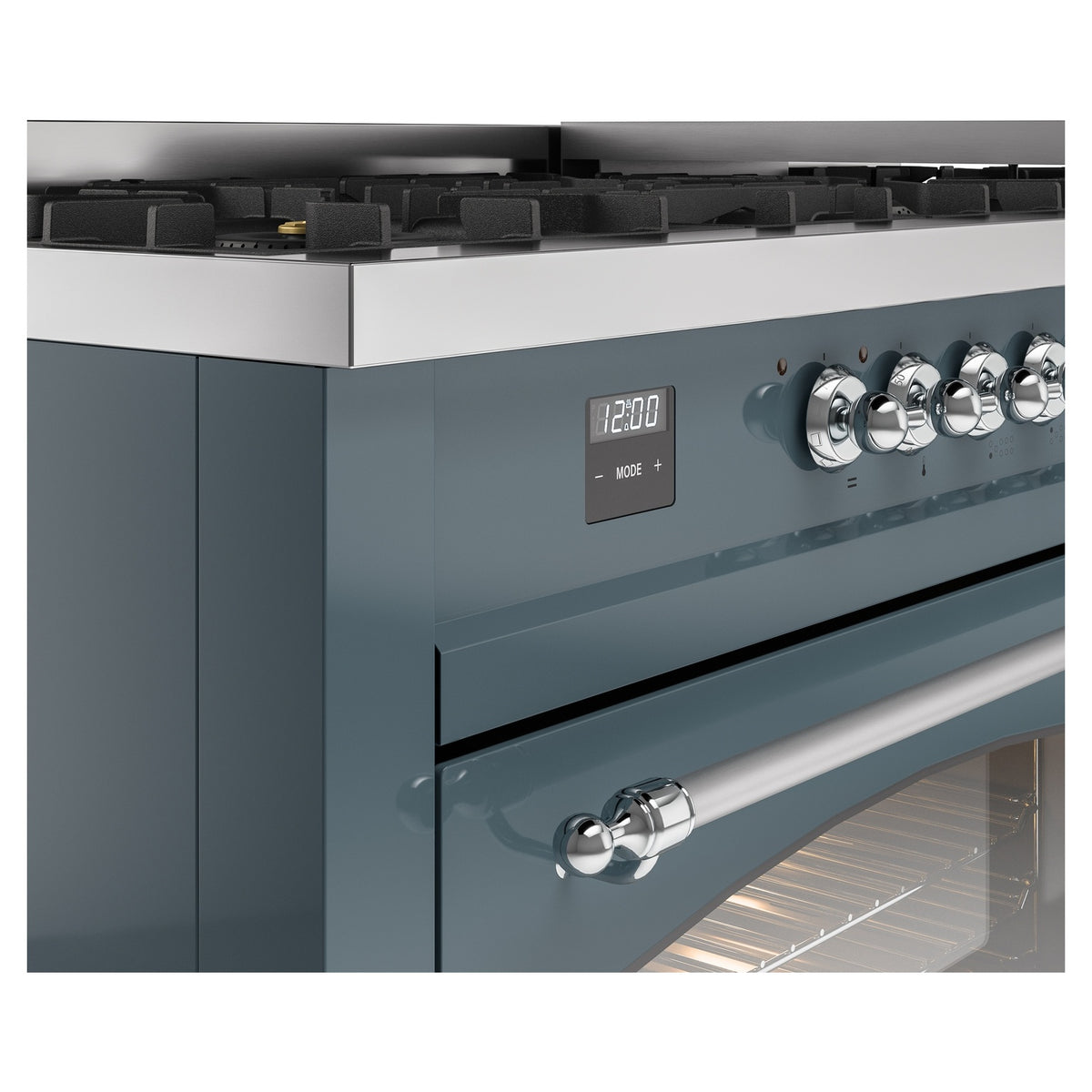 Dual fuel range control panel in blue gray with digital display and chrome control knobs