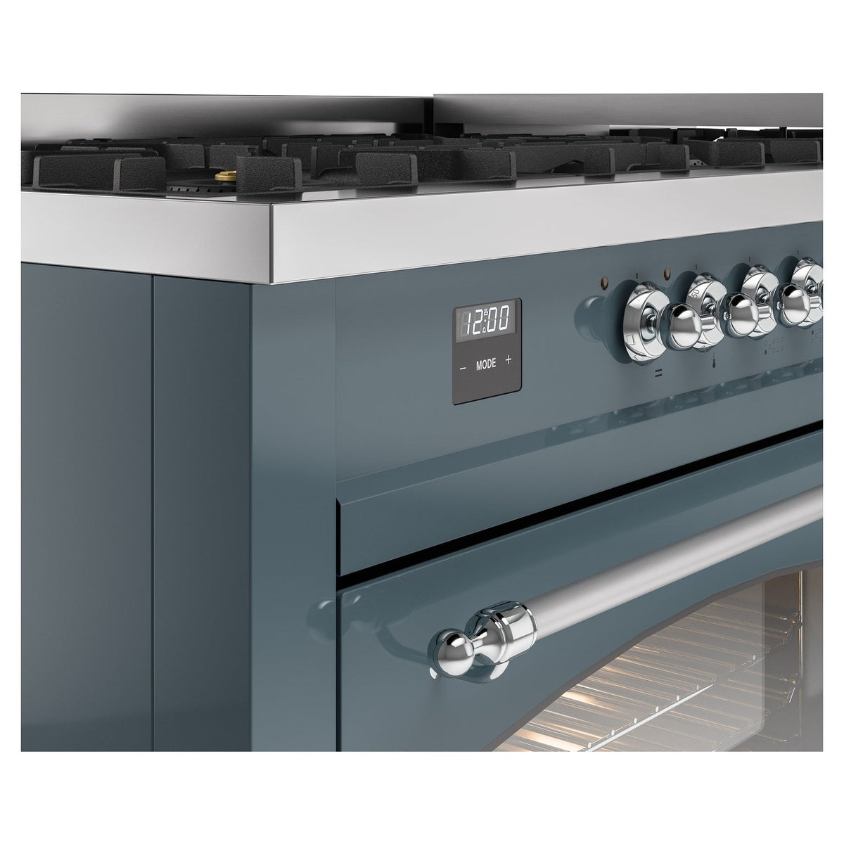 Blue grey range control panel with digital display and chrome burner knobs