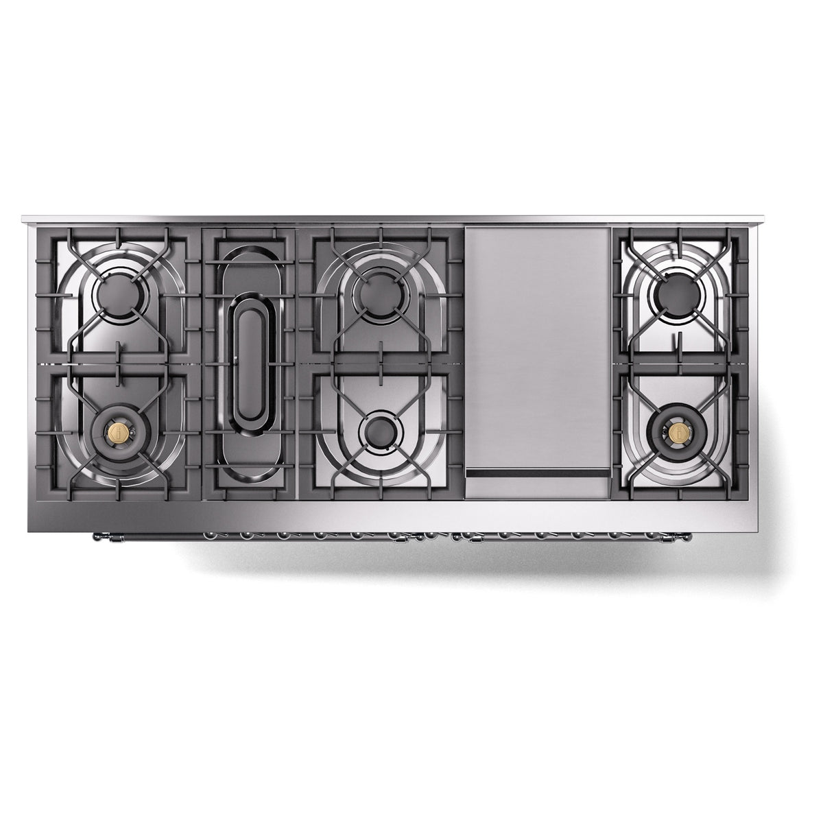 Dual fuel range cooktop with four burner grates and center control openings