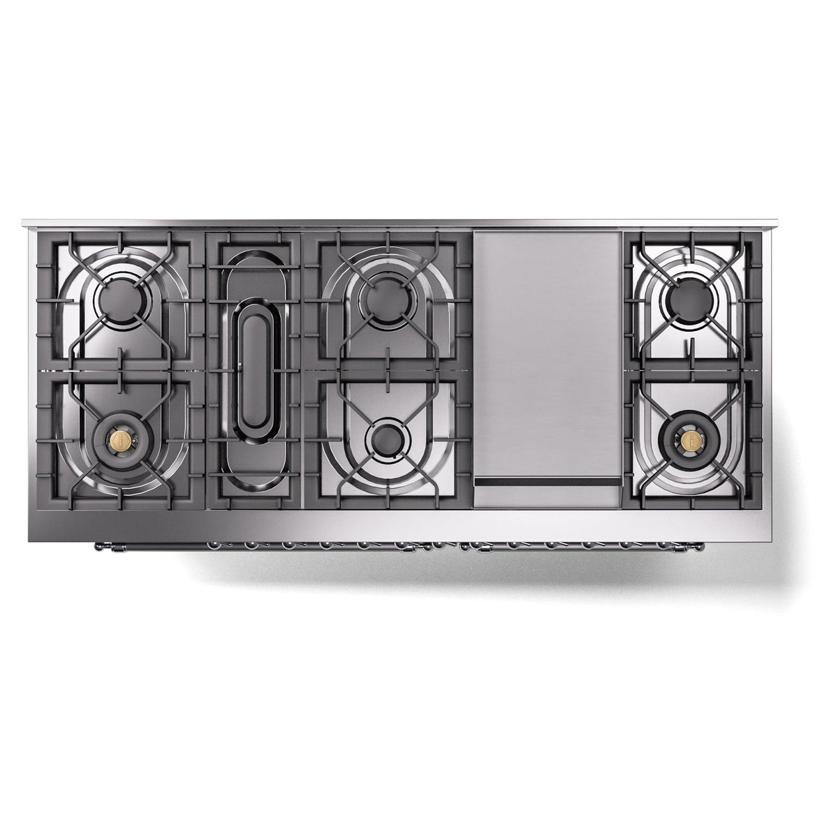 Freestanding range cooktop burner grates layout with three-ring burners