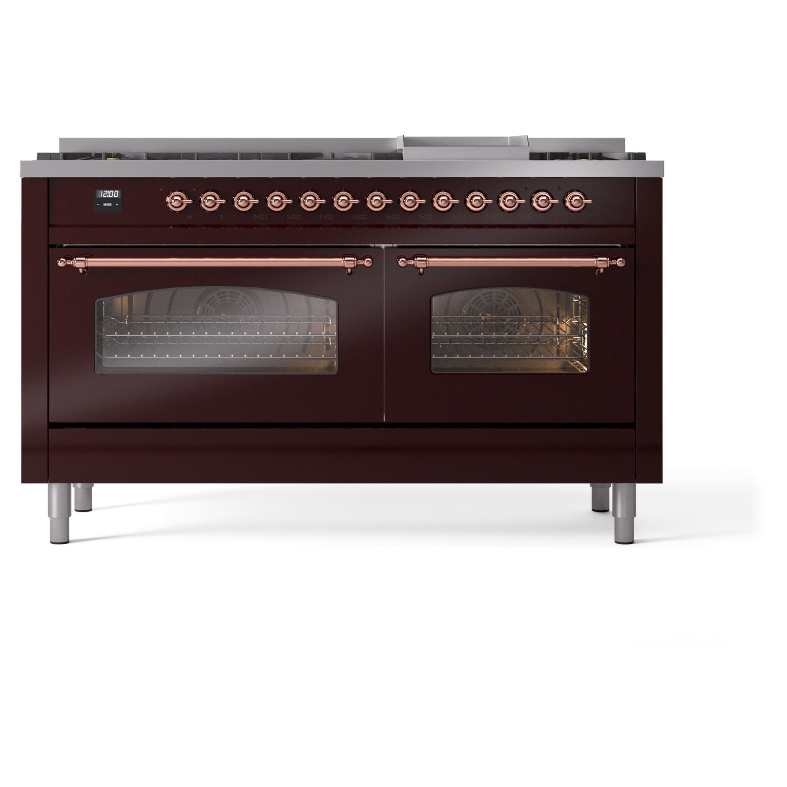 ILVE dual fuel range in burgundy with copper trim, front view with closed oven doors