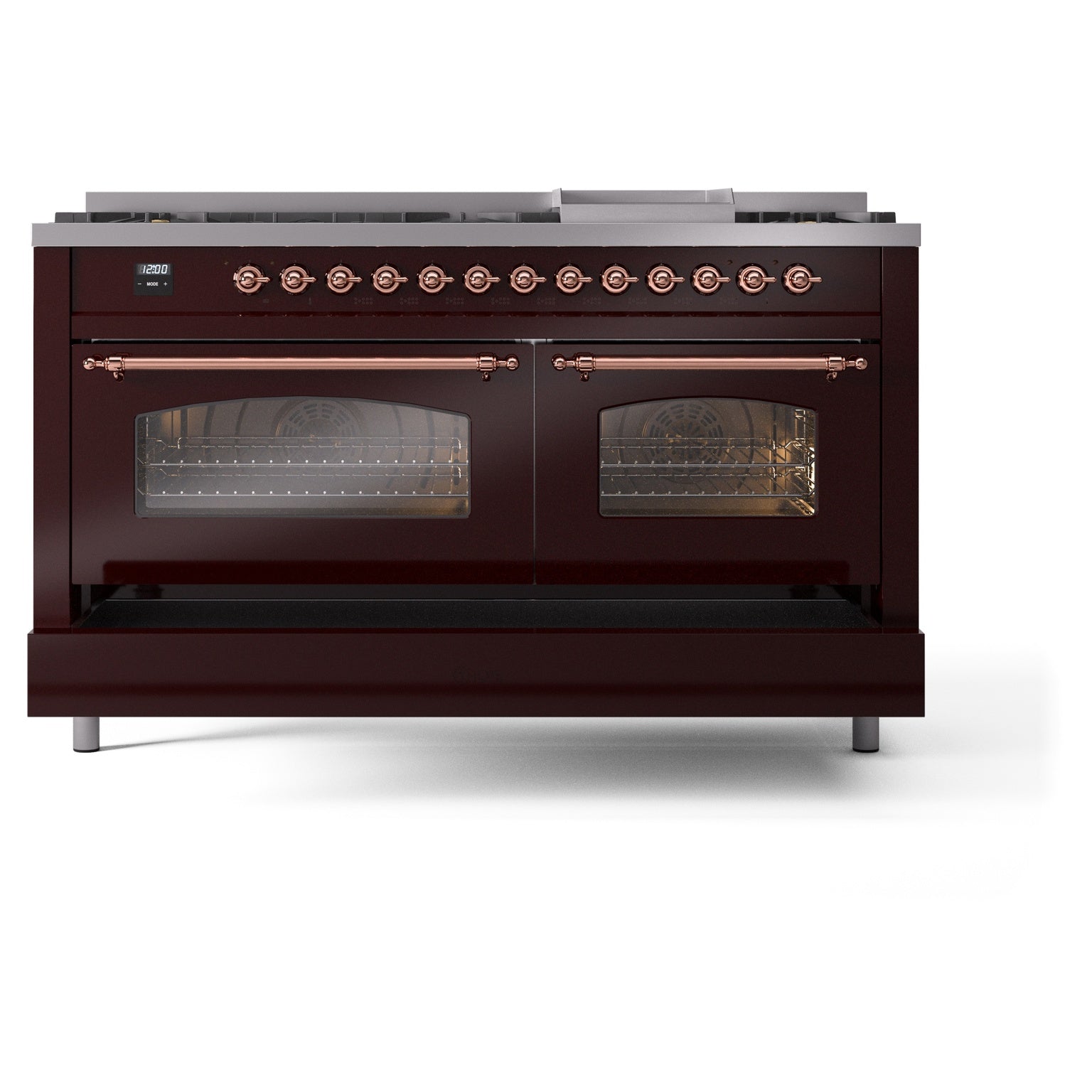 ILVE dual fuel range in burgundy with copper trim, front view with two oven doors