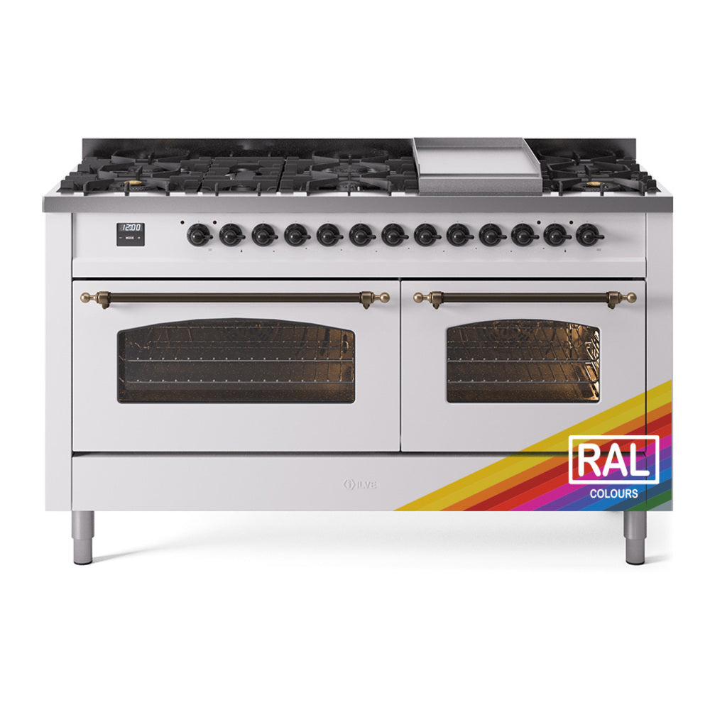 Nostalgie II dual fuel range with 9 burners, griddle, and triple glass oven doors in white