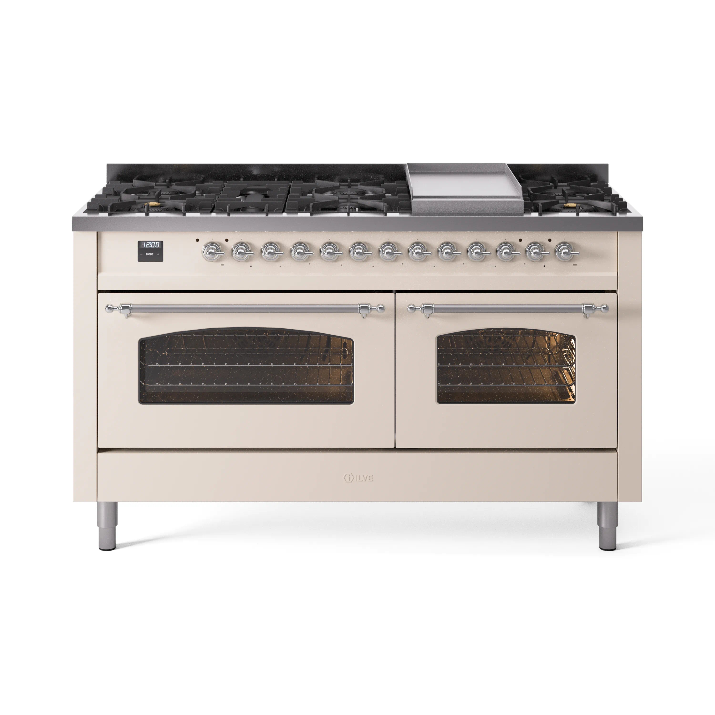 Antique white dual fuel gas range with 9 burners, griddle, and double glass ovens