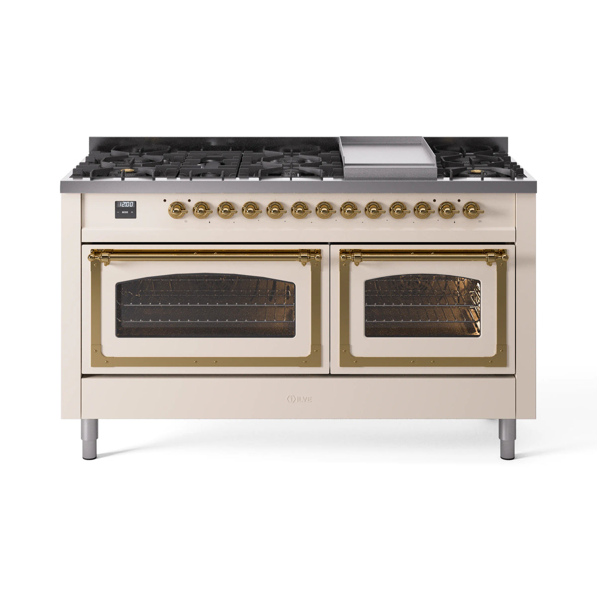 Antique white dual fuel range with brass knobs and two oven windows
