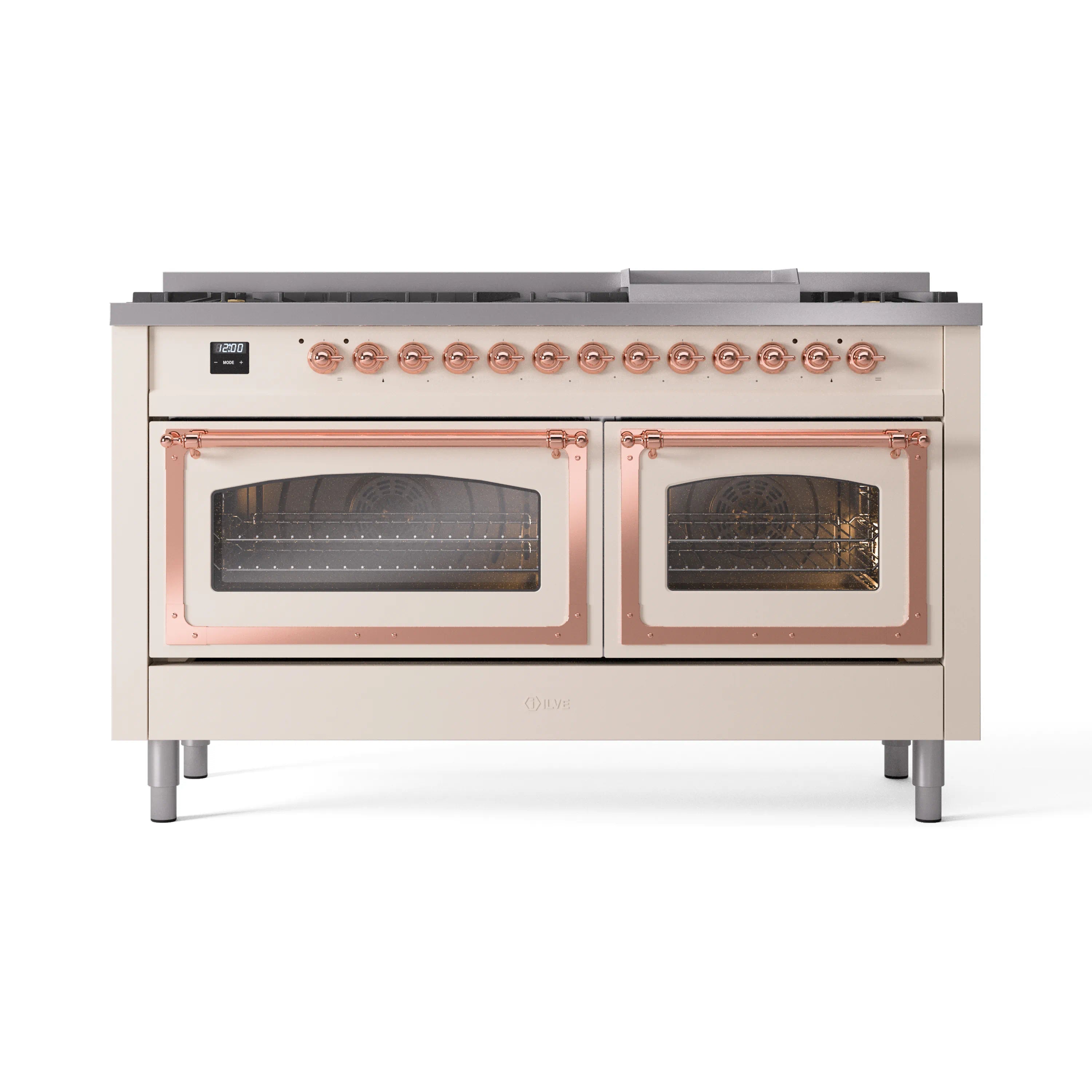 Antique white dual fuel range with two oven doors open and copper-trimmed controls